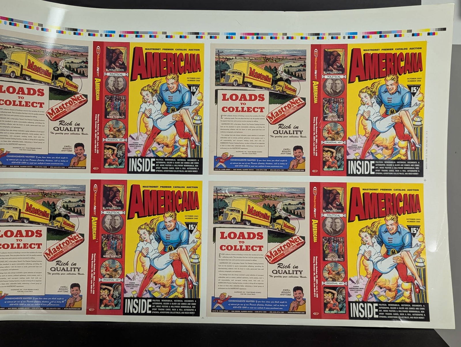 Printer Proof Sheet for MastroNet Auction Catalog and 1963 Topps Trading Card Wrappers: **Important** Please read below description on how to avoid high shipping costs. Printer's proof sheet for the cover of a MastroNet Americana Auction Catalog, featuring a comic book-style character si