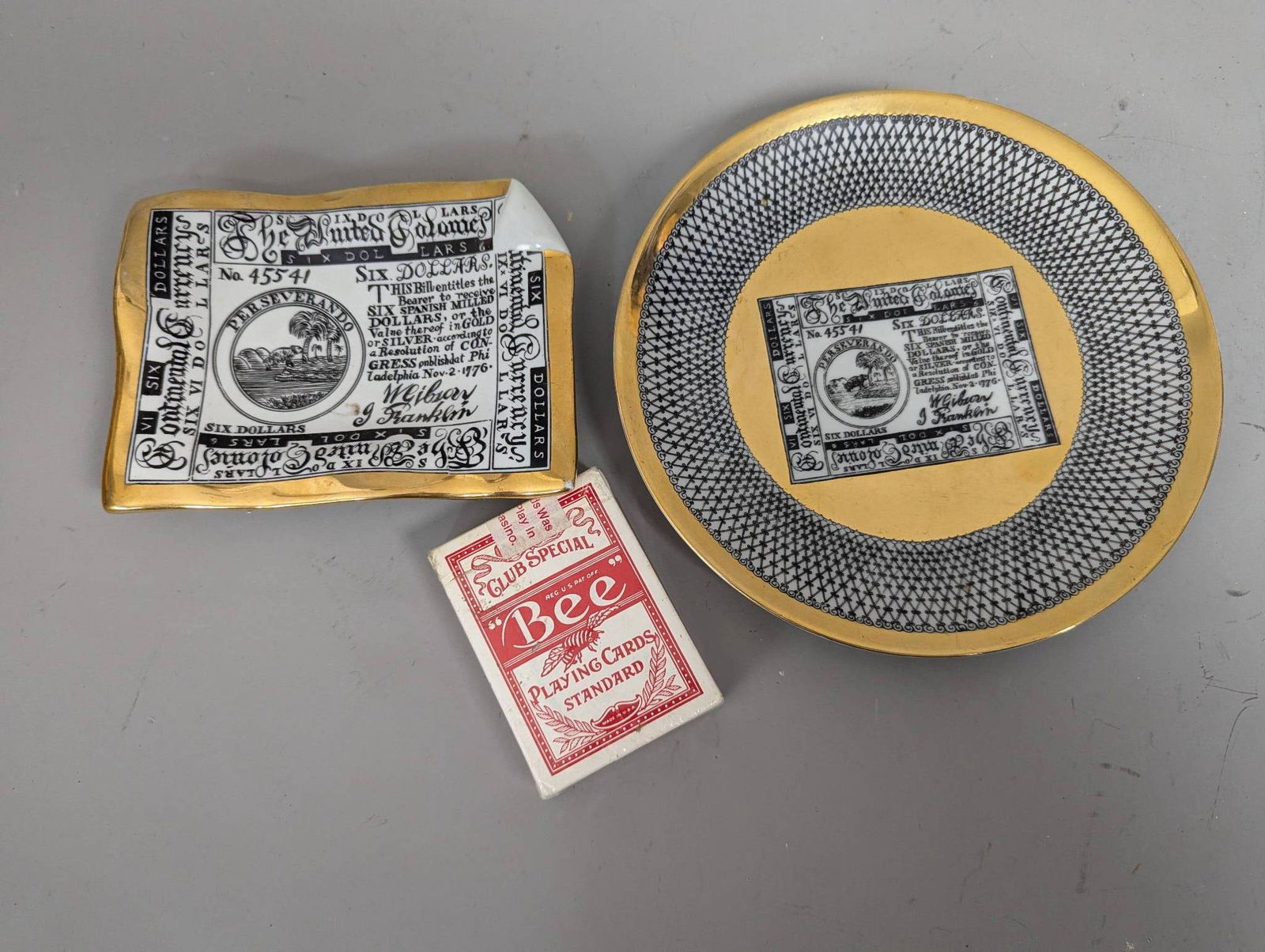 Piero Fornasetti Porcelain Plate & Ashtray with Continental Currency Design - 2