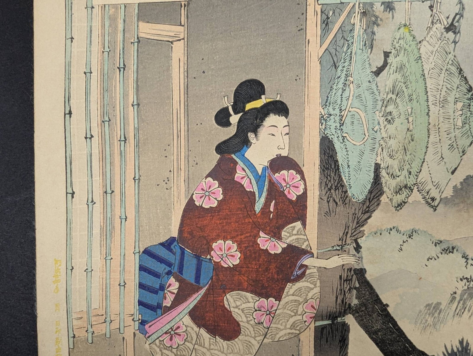 Japanese Woodblock Print Teahouse with Braided Hats by Mizuno Toshikata - 4