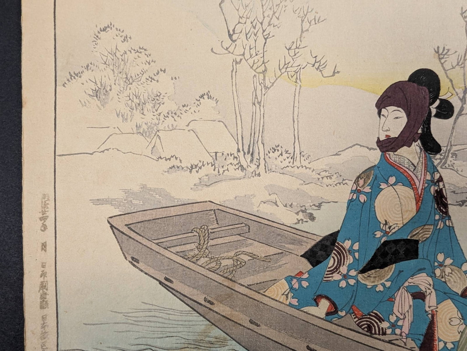 Japanese Woodblock Print Snow Viewing Woman by Toshikata Mizuno - 4