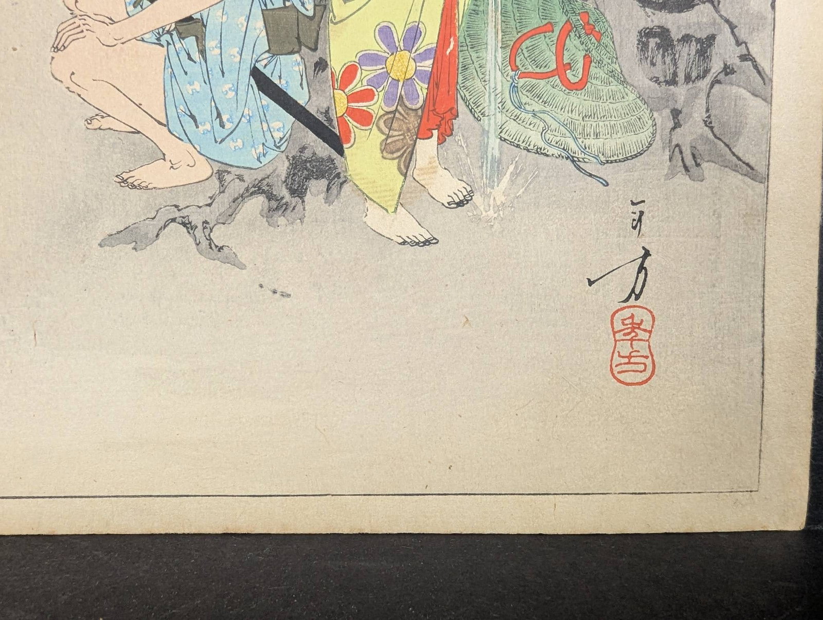 Mizuno Toshikata Japanese Woodblock Print: Shelter from the Rain - 7