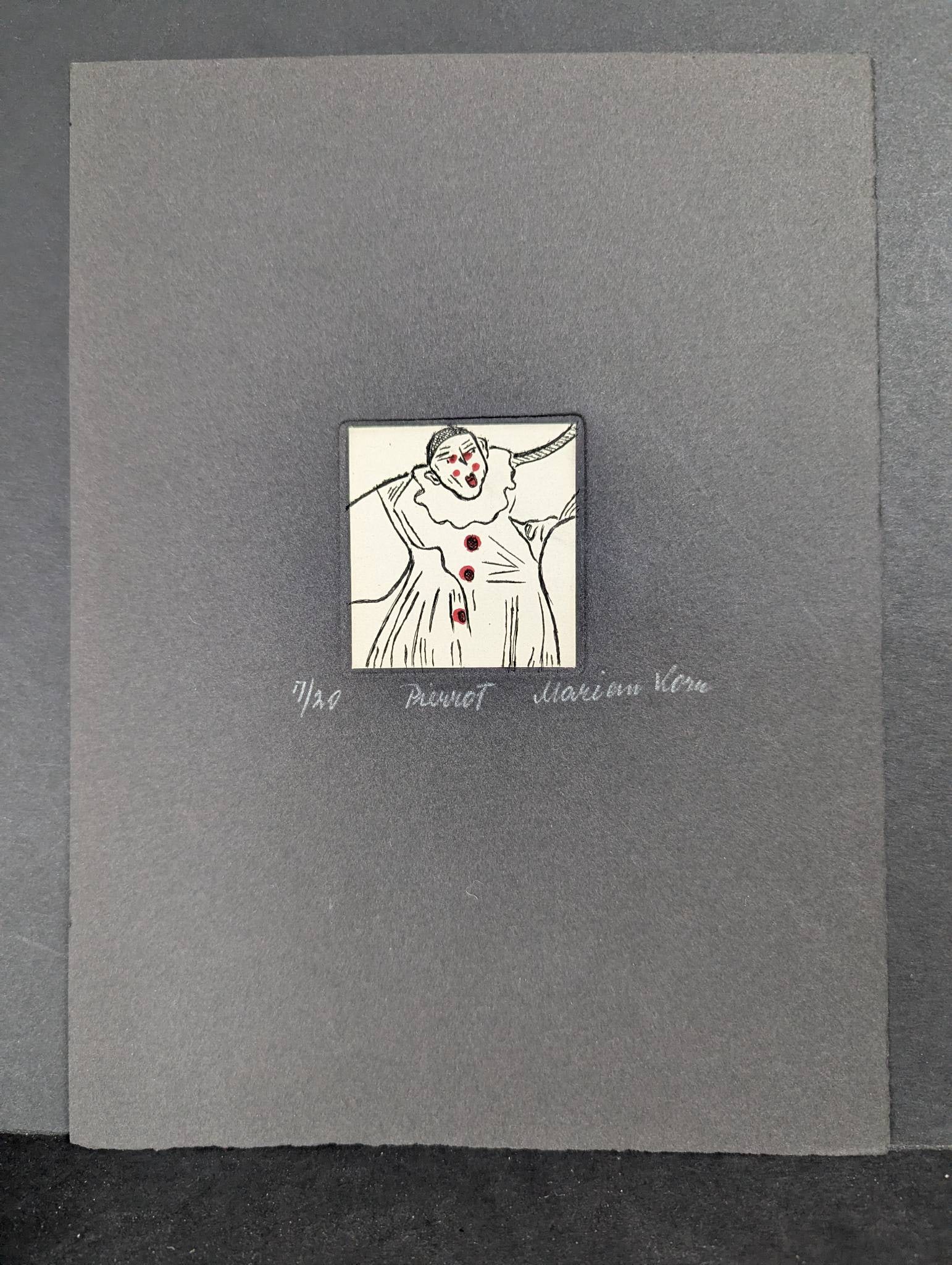 Japanese Etching Print by Marian Korn Entitled Pierrot: **Important** Please read below description on how to avoid high shipping costs. Japanese Etching print by Marian Korn (1914-1987) titled Pierrot, dated 1980. This artwork features a minimalist