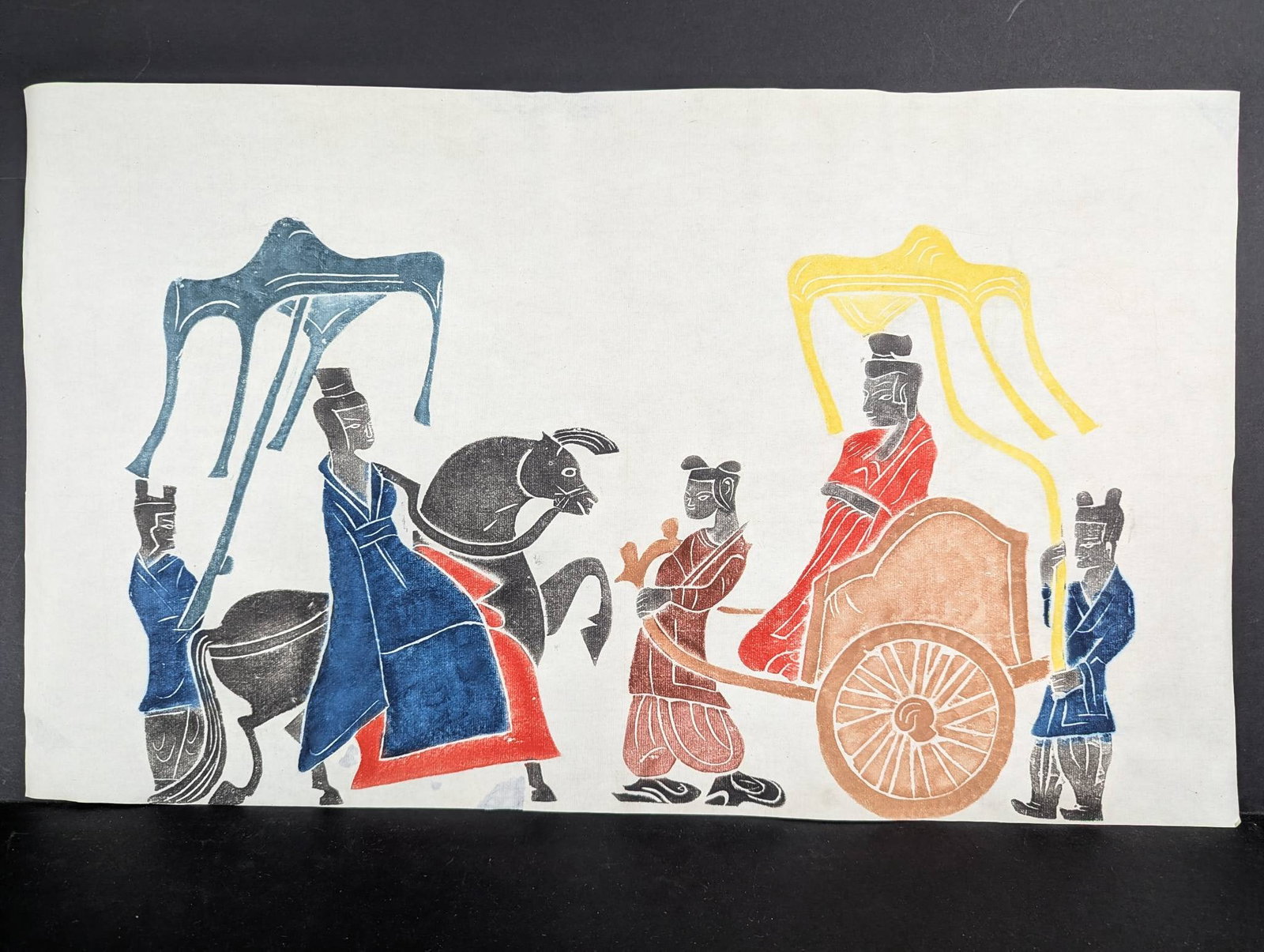Stencil Rubbing Depiction of Figures and Cart in Chinese Style: **Important** Please read below description on how to avoid high shipping costs. Stencil on paper depicting a scene inspired by Chinese art, featuring multiple figures in traditional attire and a