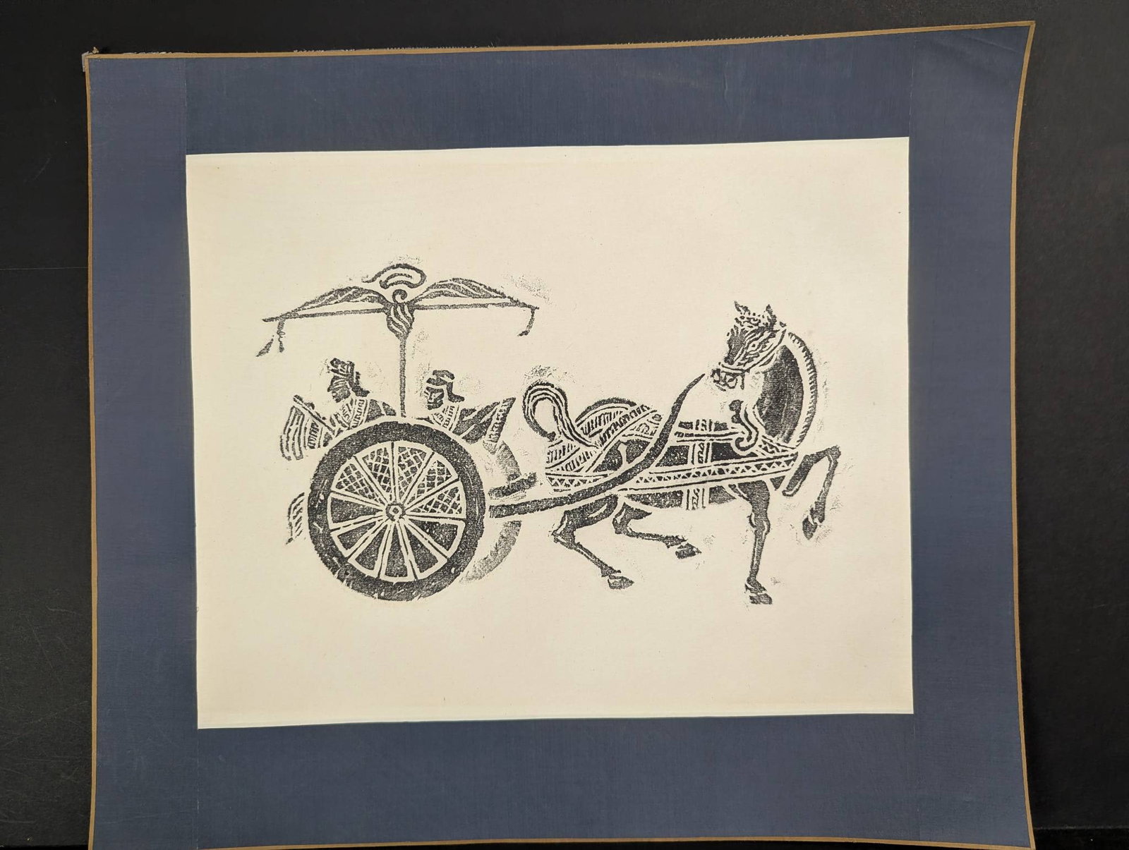 Stencil of Chinese Rubbing Depicting Horse-drawn Carriage with Figures: **Important** Please read below description on how to avoid high shipping costs. Stencil of a Chinese rubbing featuring a detailed depiction of a horse-drawn carriage with two seated figures under a