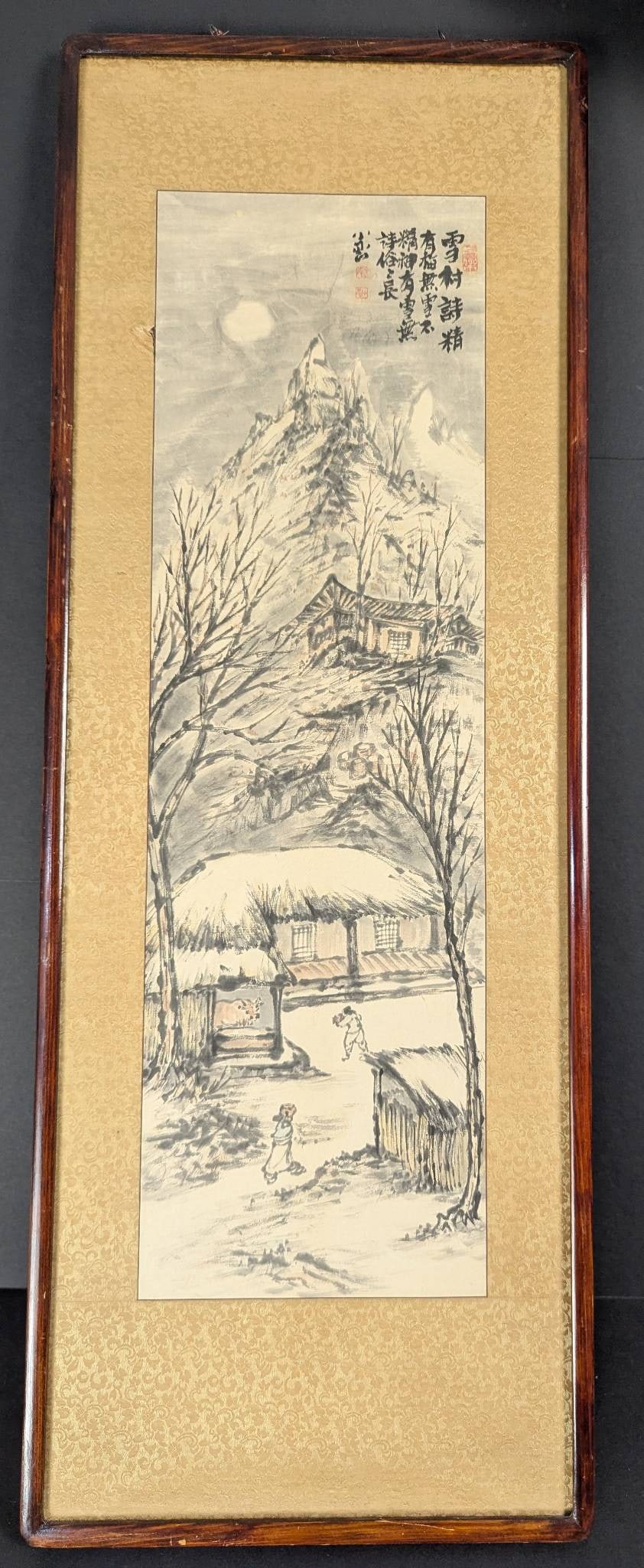 Framed East Asian Ink Wash Painting Depicting Snowy Mountain and Village Scene: **Important** Please read below description on how to avoid high shipping costs. A framed East Asian ink wash painting on paper portraying a serene snow-covered landscape scene. The artwork measures