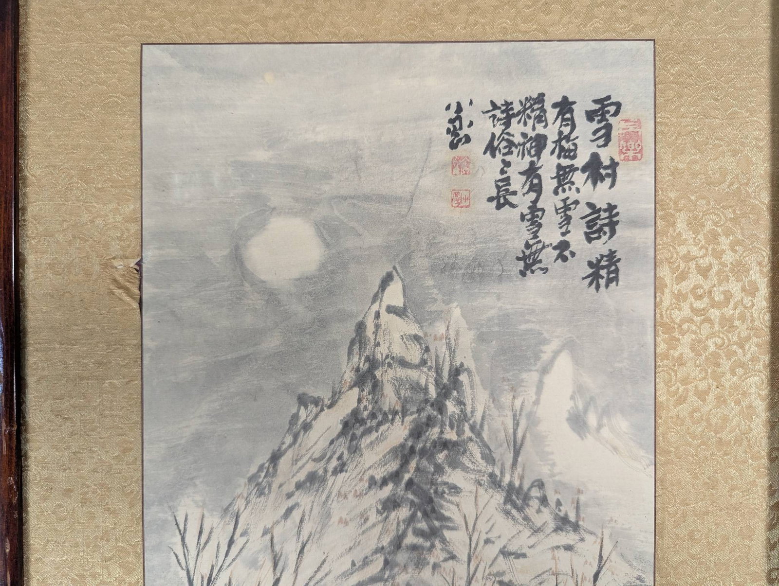 Framed East Asian Ink Wash Painting Depicting Snowy Mountain and Village Scene - 2