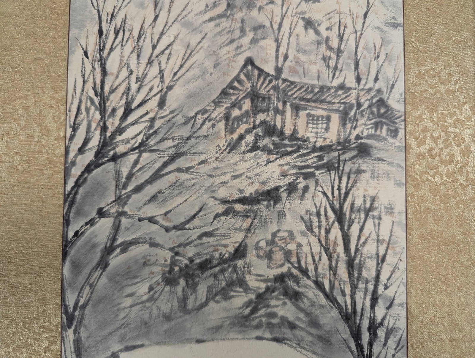 Framed East Asian Ink Wash Painting Depicting Snowy Mountain and Village Scene - 4