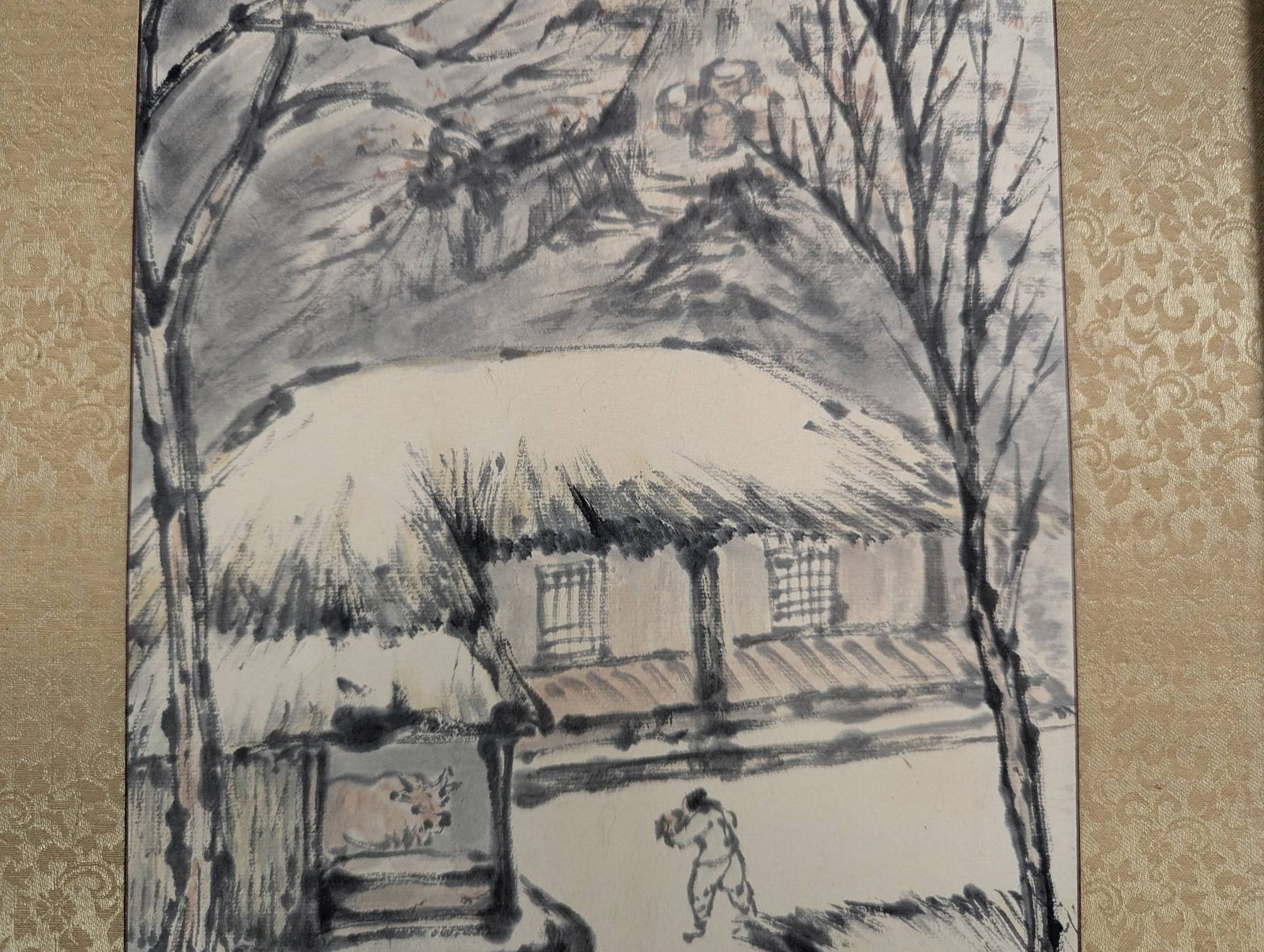 Framed East Asian Ink Wash Painting Depicting Snowy Mountain and Village Scene - 5