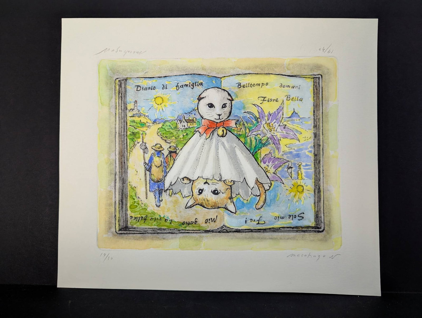 Etching Featuring Whimsical Cat Illustrations with Italian Text: **Important** Please read below description on how to avoid high shipping costs. Limited edition etching depicting whimsical cat illustrations accompanied by Italian text, including phrases such as