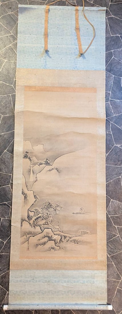 Signed Japanese Scroll Painting of Mountain Scene: **Important** Please read below description on how to avoid high shipping costs. A signed Japanese scroll painting featuring mountainous landscapes with a tree and hanging branches. The scroll is insc
