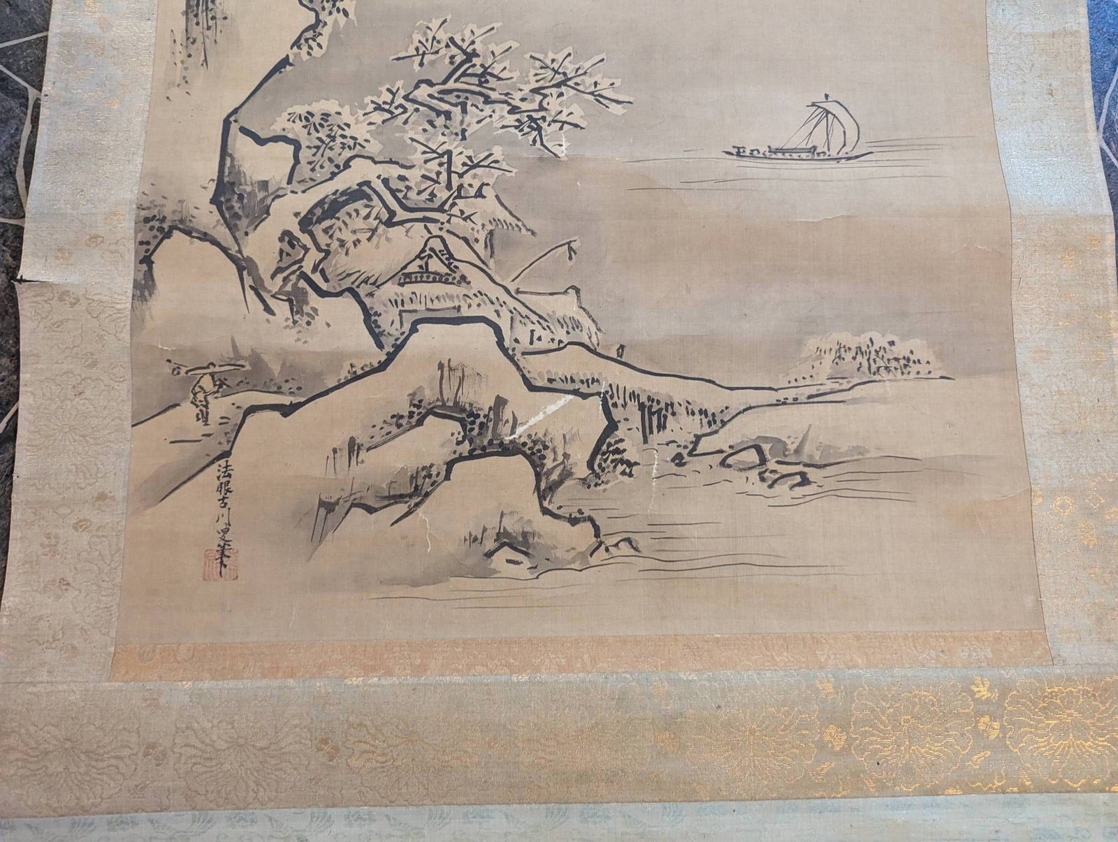 Signed Japanese Scroll Painting of Mountain Scene - 7