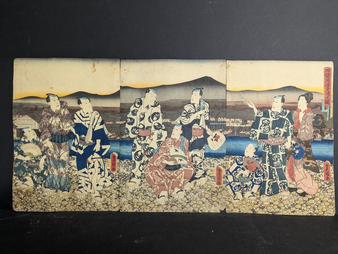 Utagawa Toyokuni III Kunisada Japanese Woodblock Print Triptych Kabuki Actors 1849 (1 of 12)