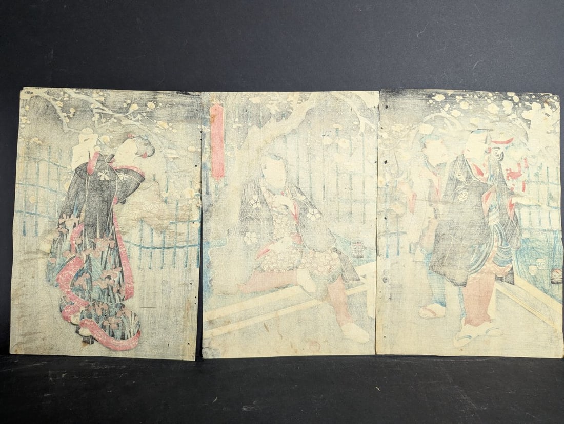 Utagawa Toyokuni III Kabuki Actors Japanese Woodblock Print Triptych Original Art - 11
