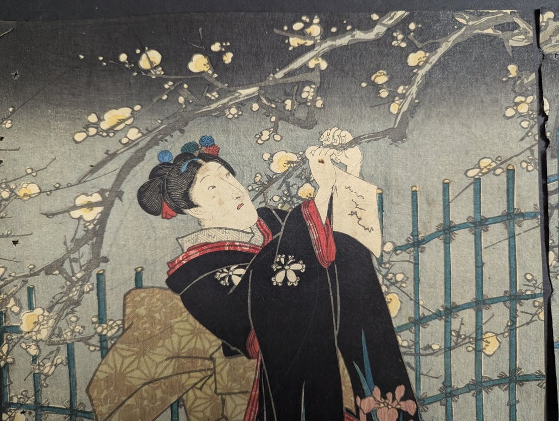 Utagawa Toyokuni III Kabuki Actors Japanese Woodblock Print Triptych Original Art - 5