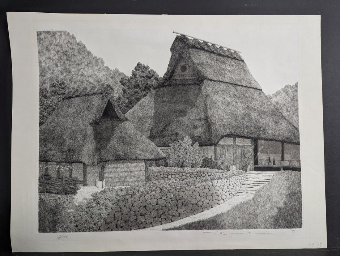 Tanaka Ryohei Thatched Roof Farmhouse Etching 3/100 1978 Limited Edition Artwork: **Important** Please read below description on how to avoid high shipping costs. Discover a captivating etching by the renowned Japanese artist Tanaka Ryohei, titled 'Thatched Roof Farmhouse' and prod