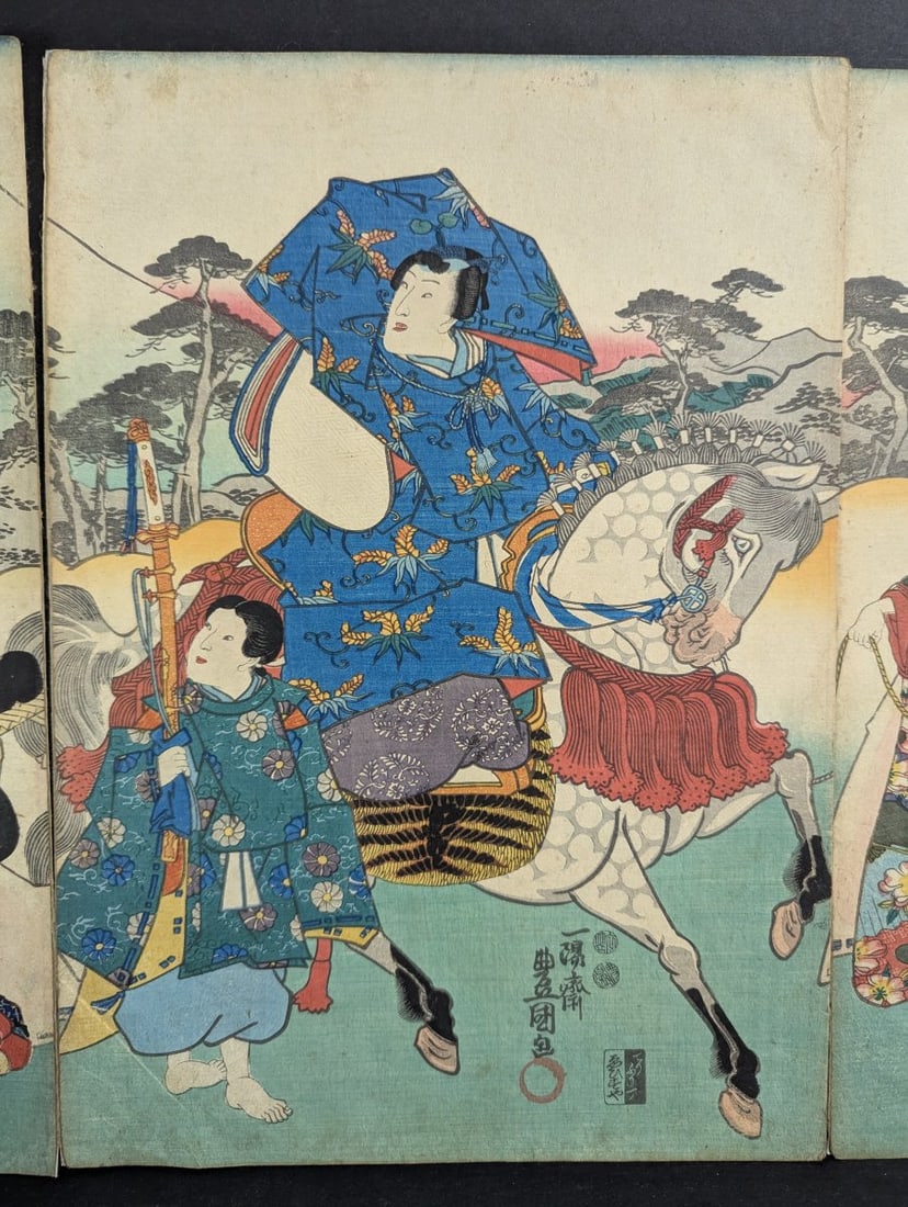 Original 19th Century Japanese Woodblock Print by Utagawa Kunisada Triptych - 3