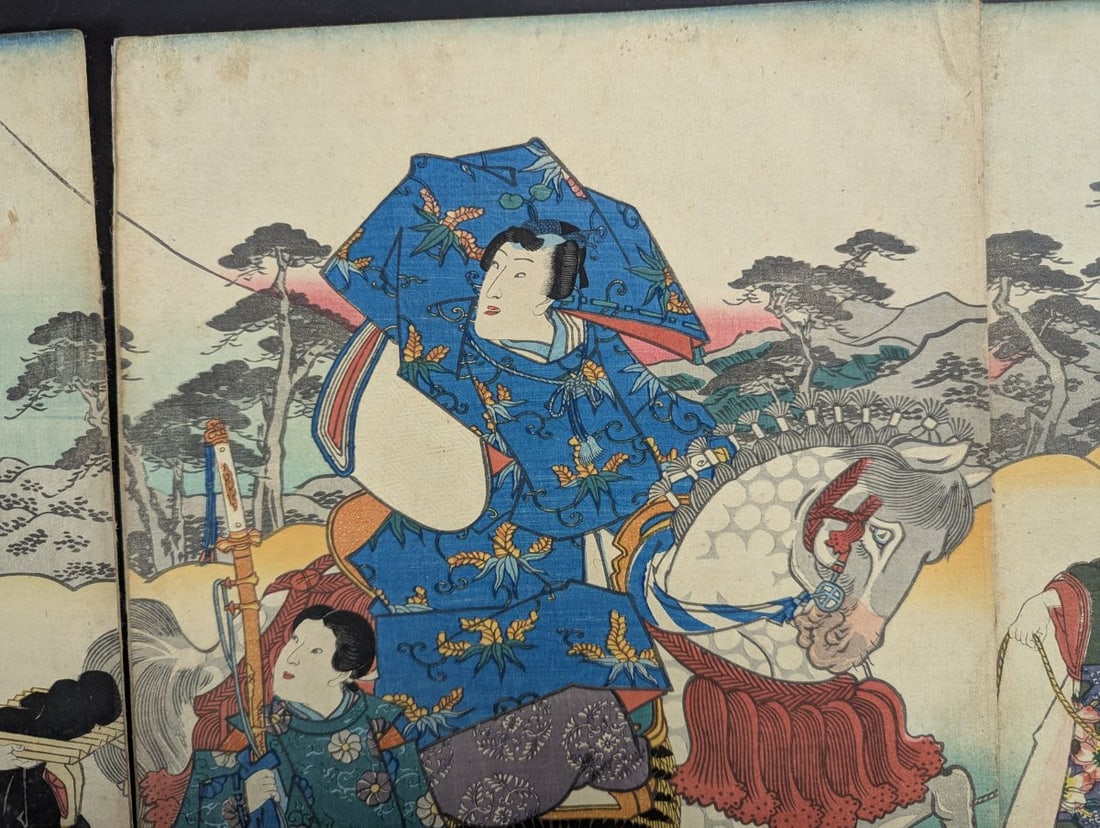 Original 19th Century Japanese Woodblock Print by Utagawa Kunisada Triptych - 7
