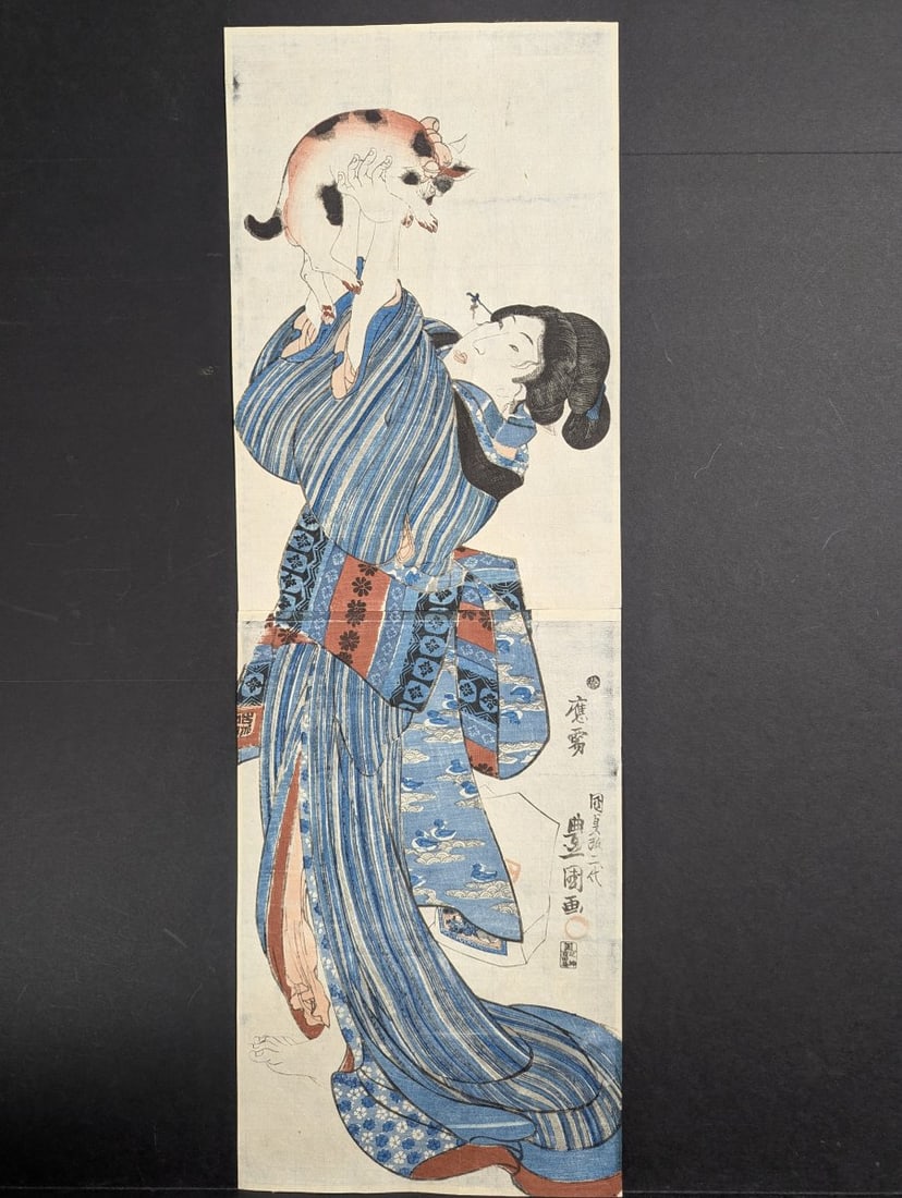 Original 19th Century Japanese Woodblock Print Beauty Playing with Cat Utagawa Kunisada (1 of 8)
