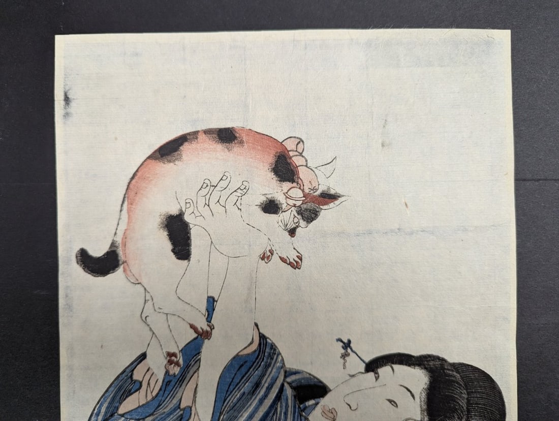 Original 19th Century Japanese Woodblock Print Beauty Playing with Cat Utagawa Kunisada - 2
