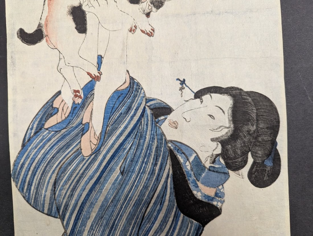 Original 19th Century Japanese Woodblock Print Beauty Playing with Cat Utagawa Kunisada - 3