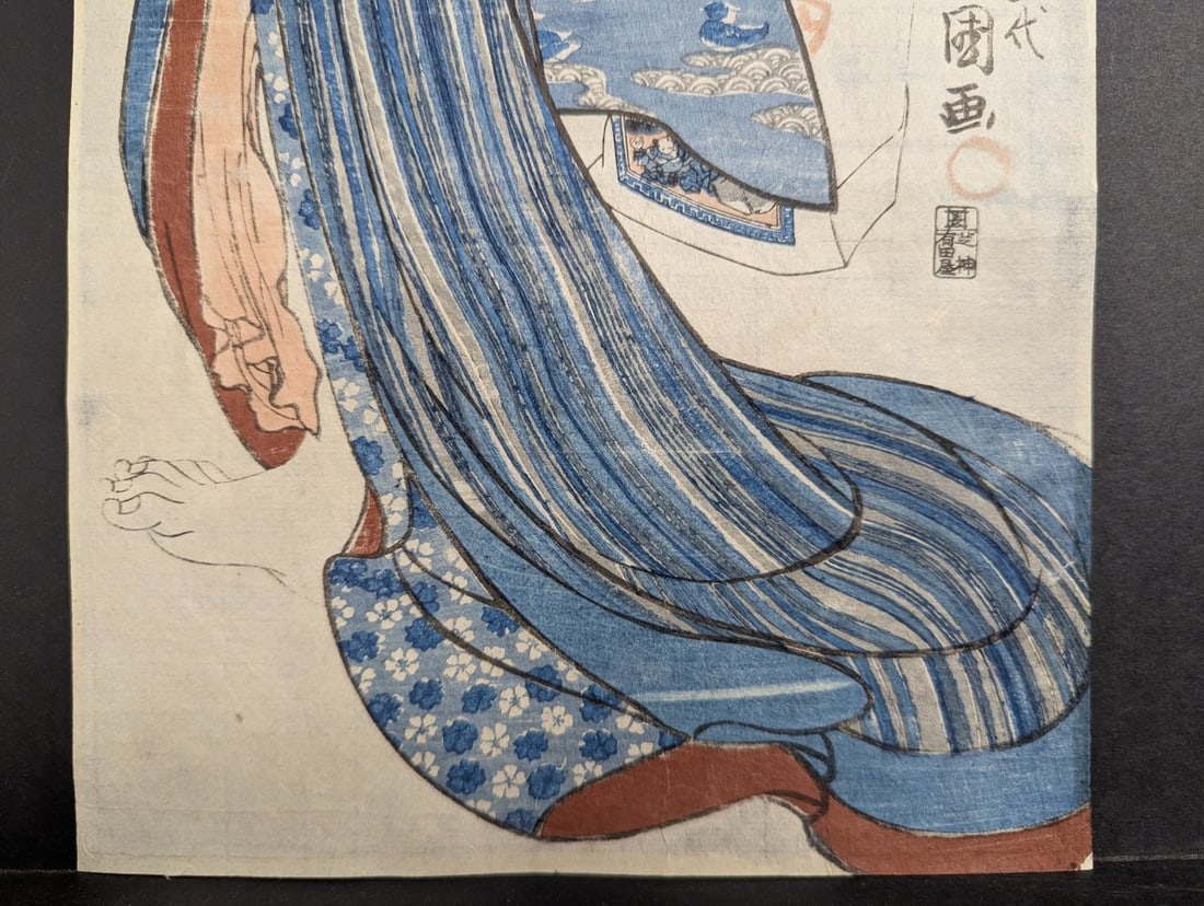 Original 19th Century Japanese Woodblock Print Beauty Playing with Cat Utagawa Kunisada - 7