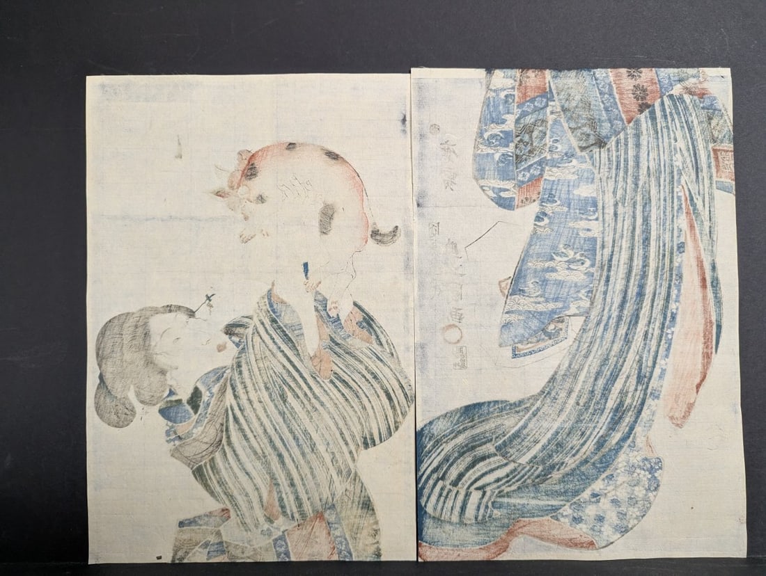 Original 19th Century Japanese Woodblock Print Beauty Playing with Cat Utagawa Kunisada - 8