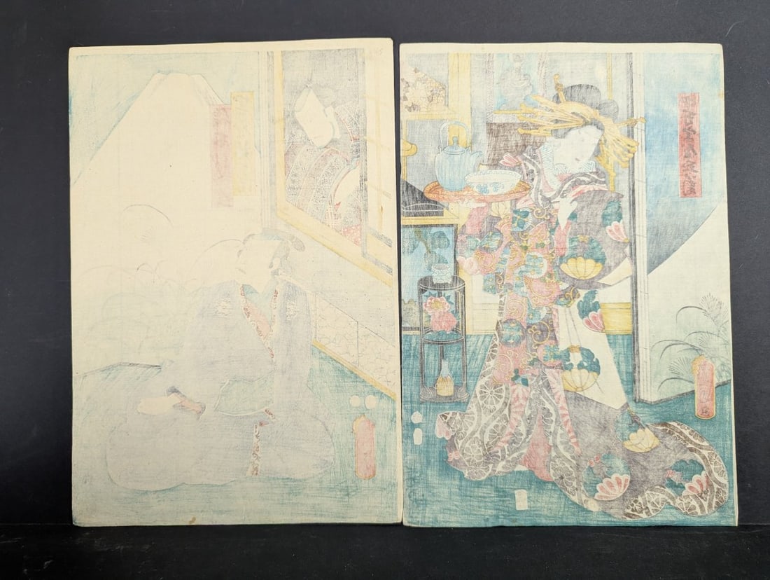 Utagawa Kunisada (Toyokuni III) Japanese Woodblock Print Diptych Kabuki Scene - 6