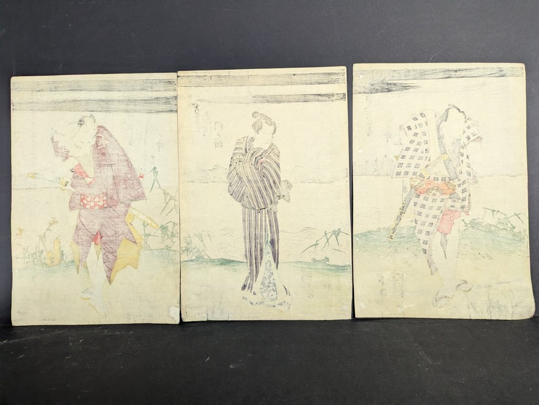Utagawa Kunisada Japanese Woodblock Print Triptych of Kabuki Actors - 11