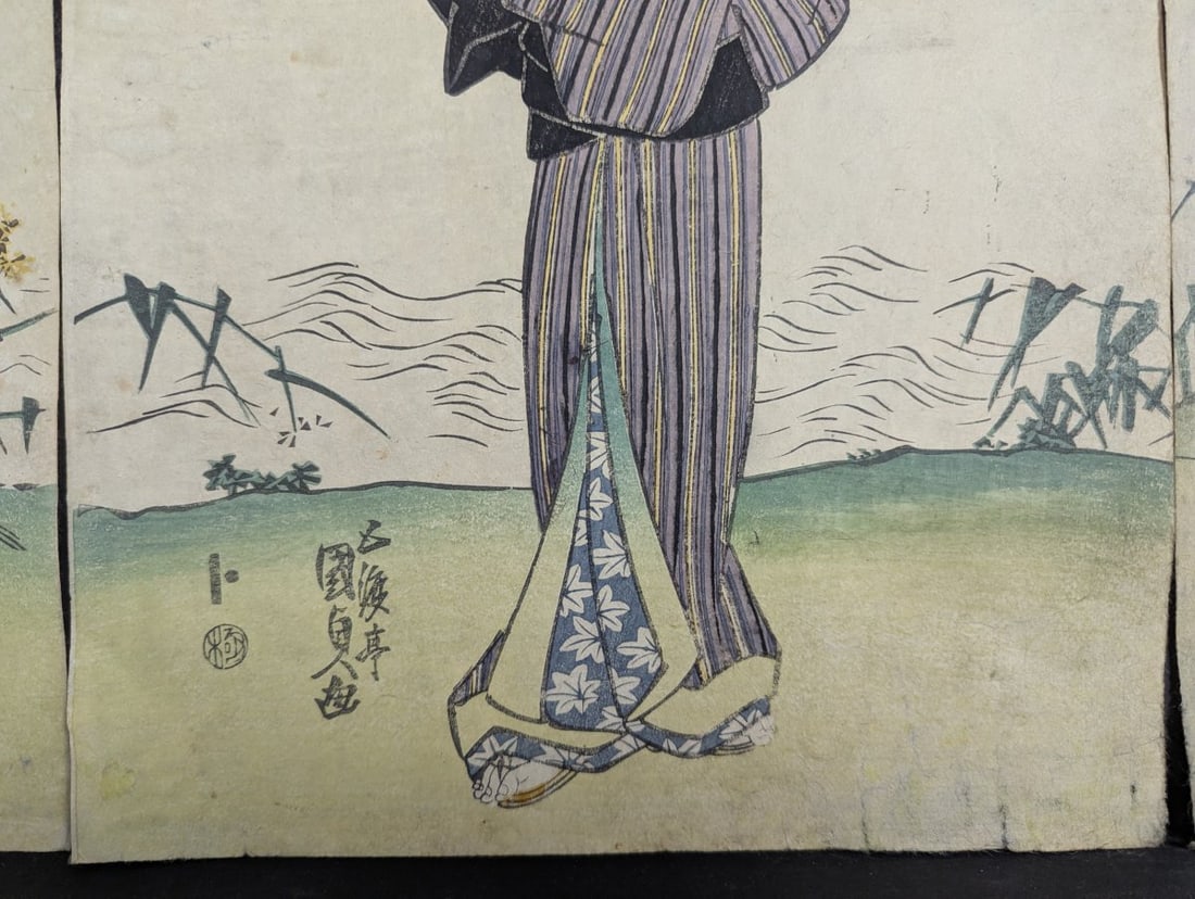 Utagawa Kunisada Japanese Woodblock Print Triptych of Kabuki Actors - 8