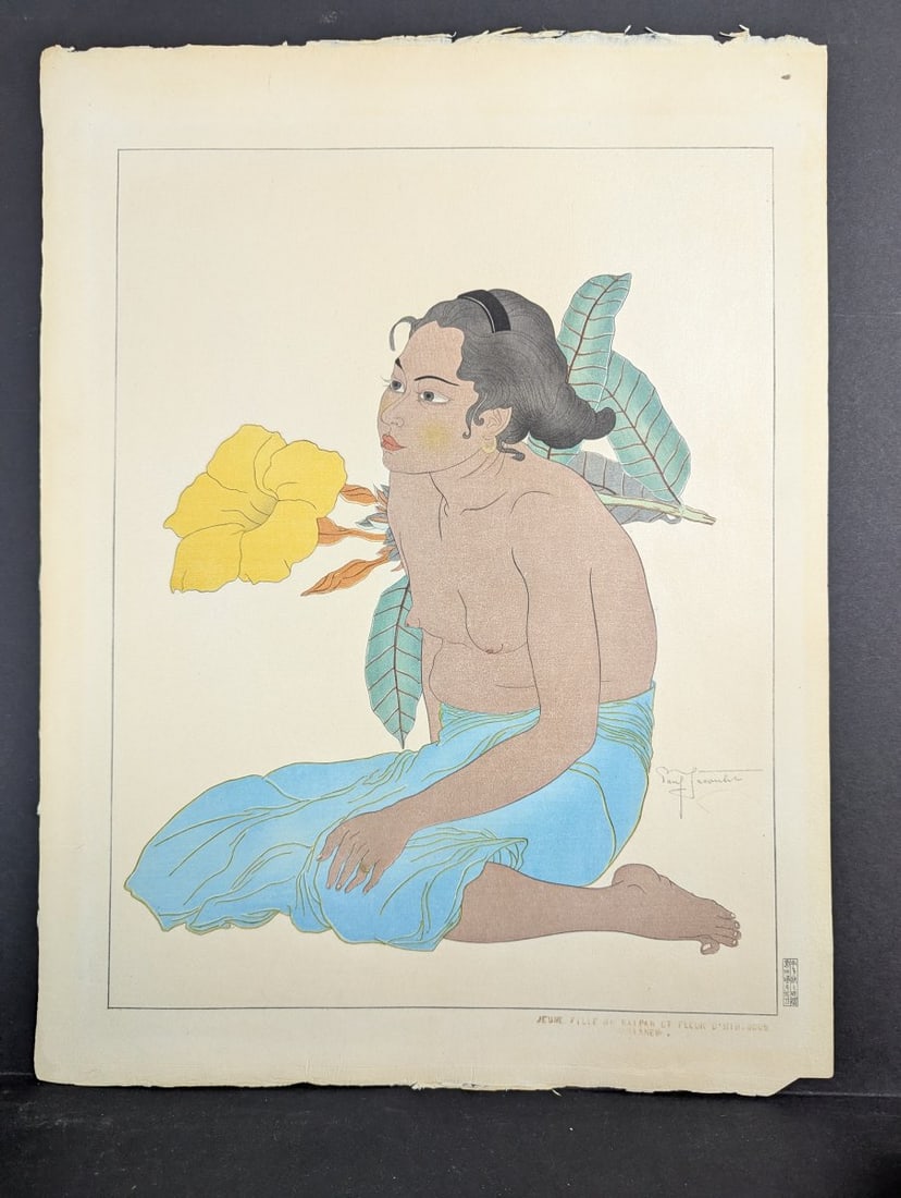 Paul Jacoulet Japanese Woodblock Print Jeune Fille de Saipan et Fleur d'Hibiscus Marianes (1 of 11)