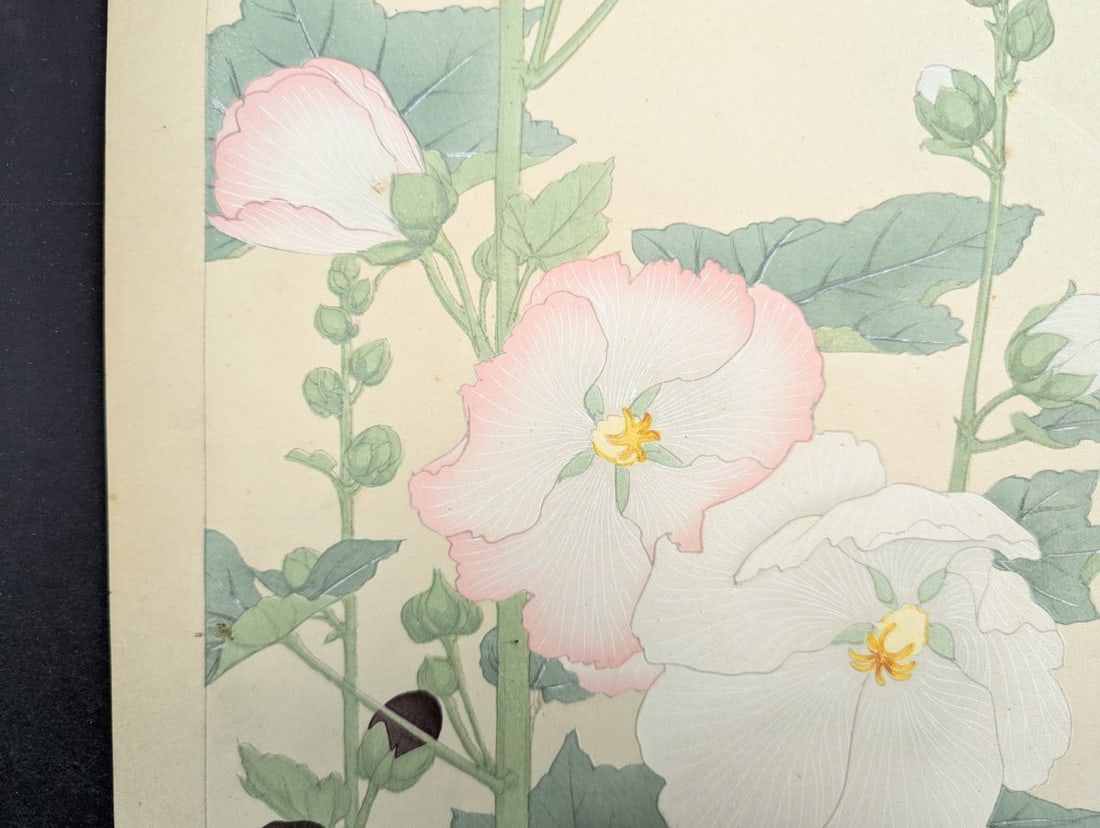 Hollyhock Japanese Woodblock Print by Rakuzan Tsuchiya - Shin-Hanga Flower Art - 4