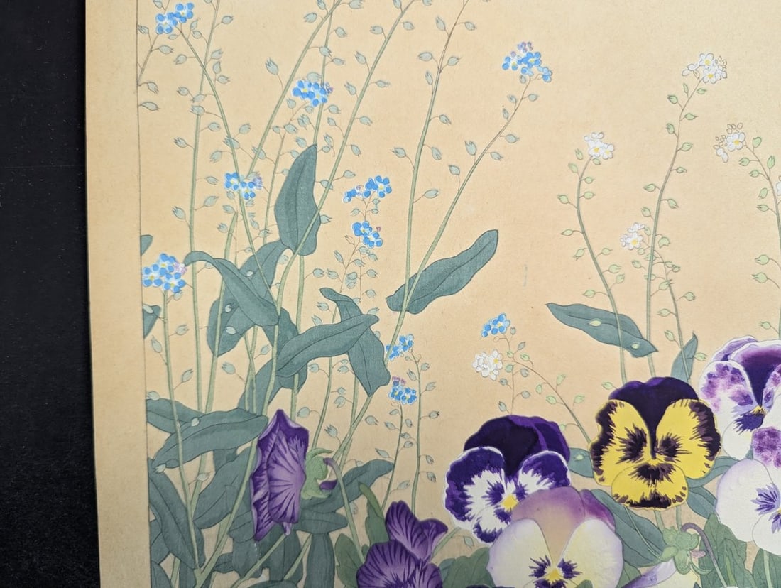 Japanese Woodblock Print by Rakuzan Tsuchiya - Pansy and Myosotis: **Important** Please read below description on how to avoid high shipping costs. Explore the beauty of this authentic Japanese Woodblock Print by renowned artist Rakuzan Tsuchiya (1896-1976). Featurin