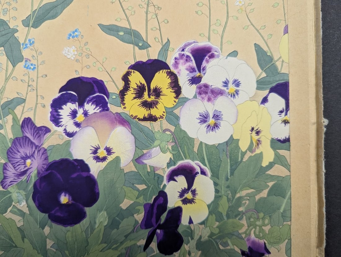 Japanese Woodblock Print by Rakuzan Tsuchiya - Pansy and Myosotis - 3
