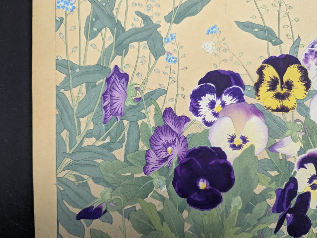 Japanese Woodblock Print by Rakuzan Tsuchiya - Pansy and Myosotis - 4