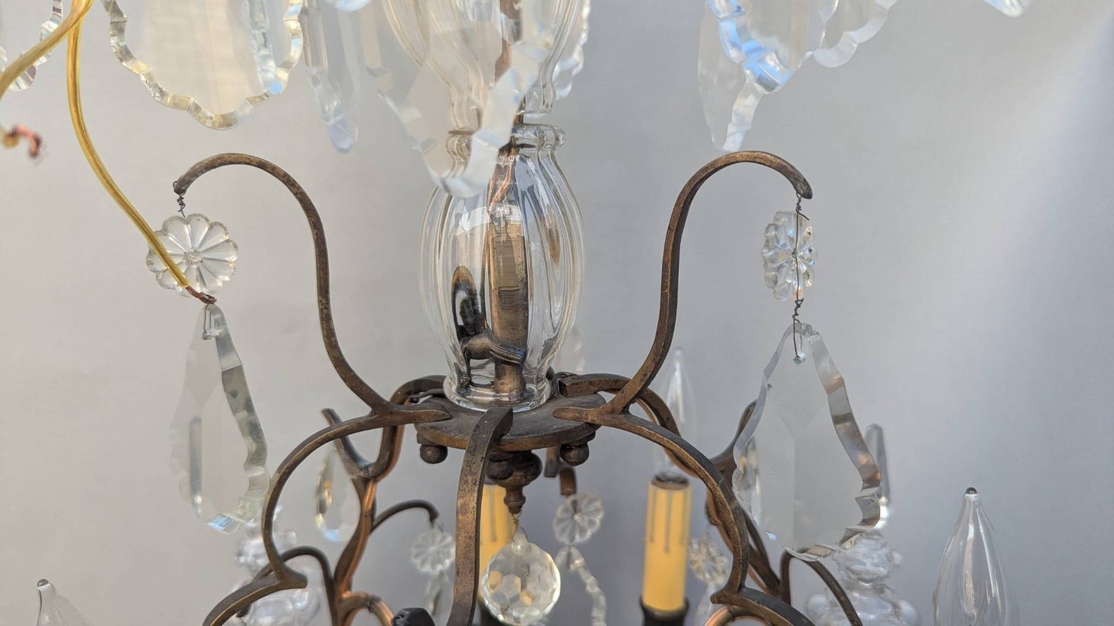 French Gilded Chandelier with Crystal Pendants and Candle-style Bulbs - 3