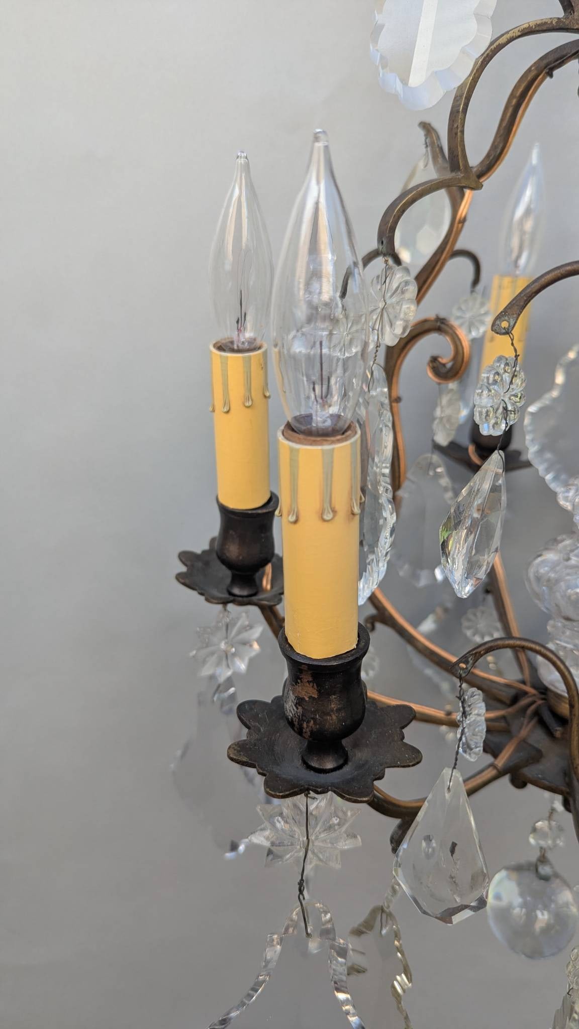 French Gilded Chandelier with Crystal Pendants and Candle-style Bulbs - 4