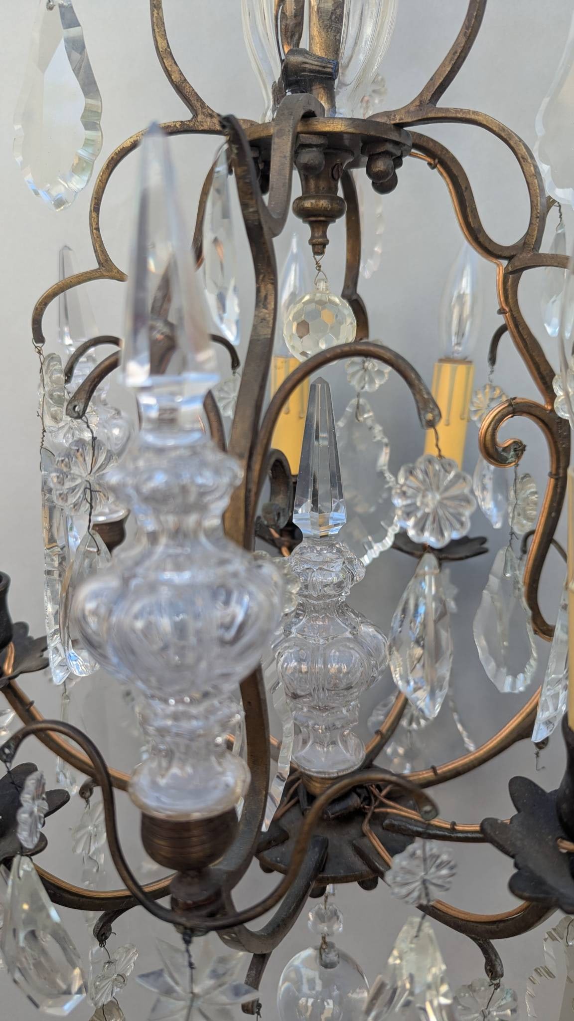 French Gilded Chandelier with Crystal Pendants and Candle-style Bulbs - 5