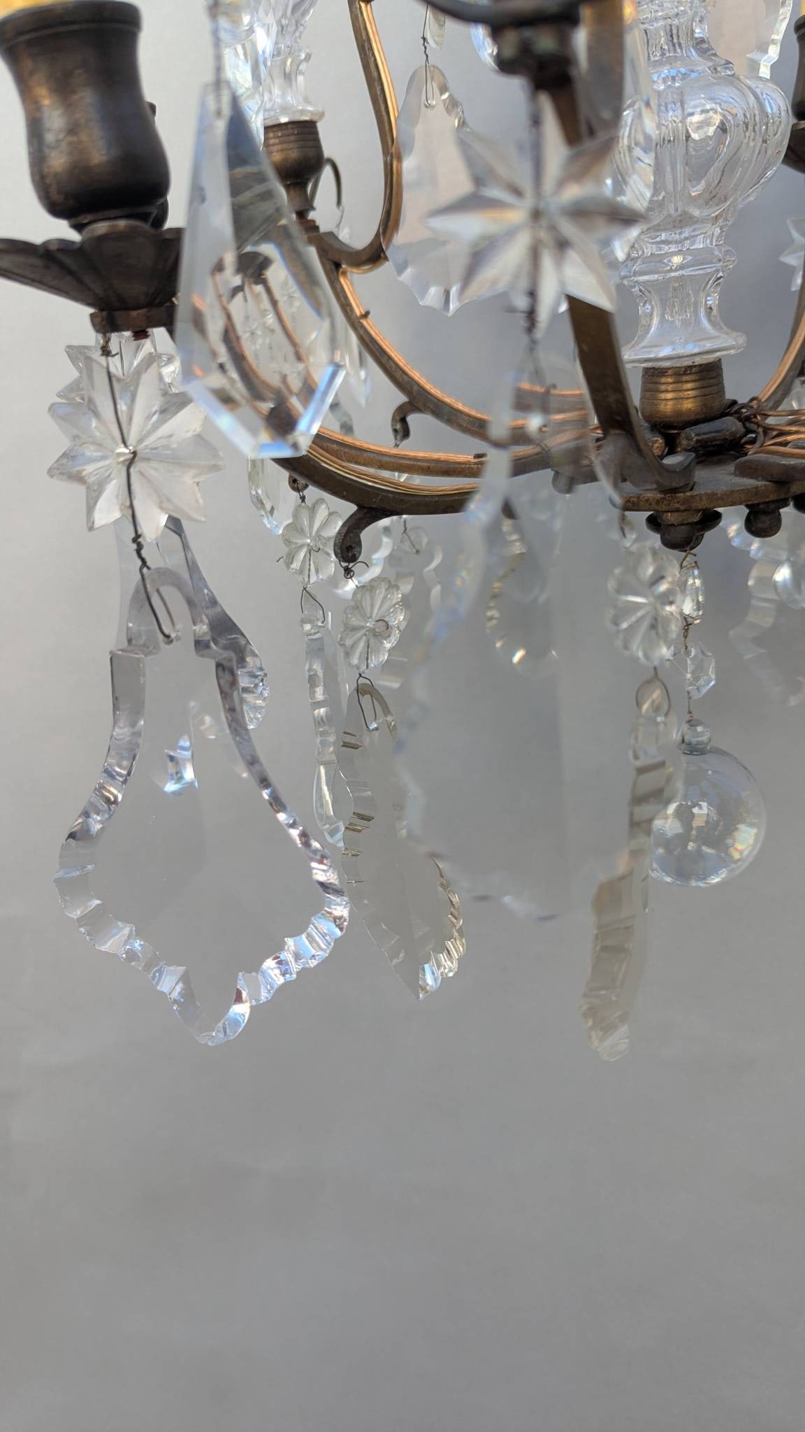 French Gilded Chandelier with Crystal Pendants and Candle-style Bulbs - 6