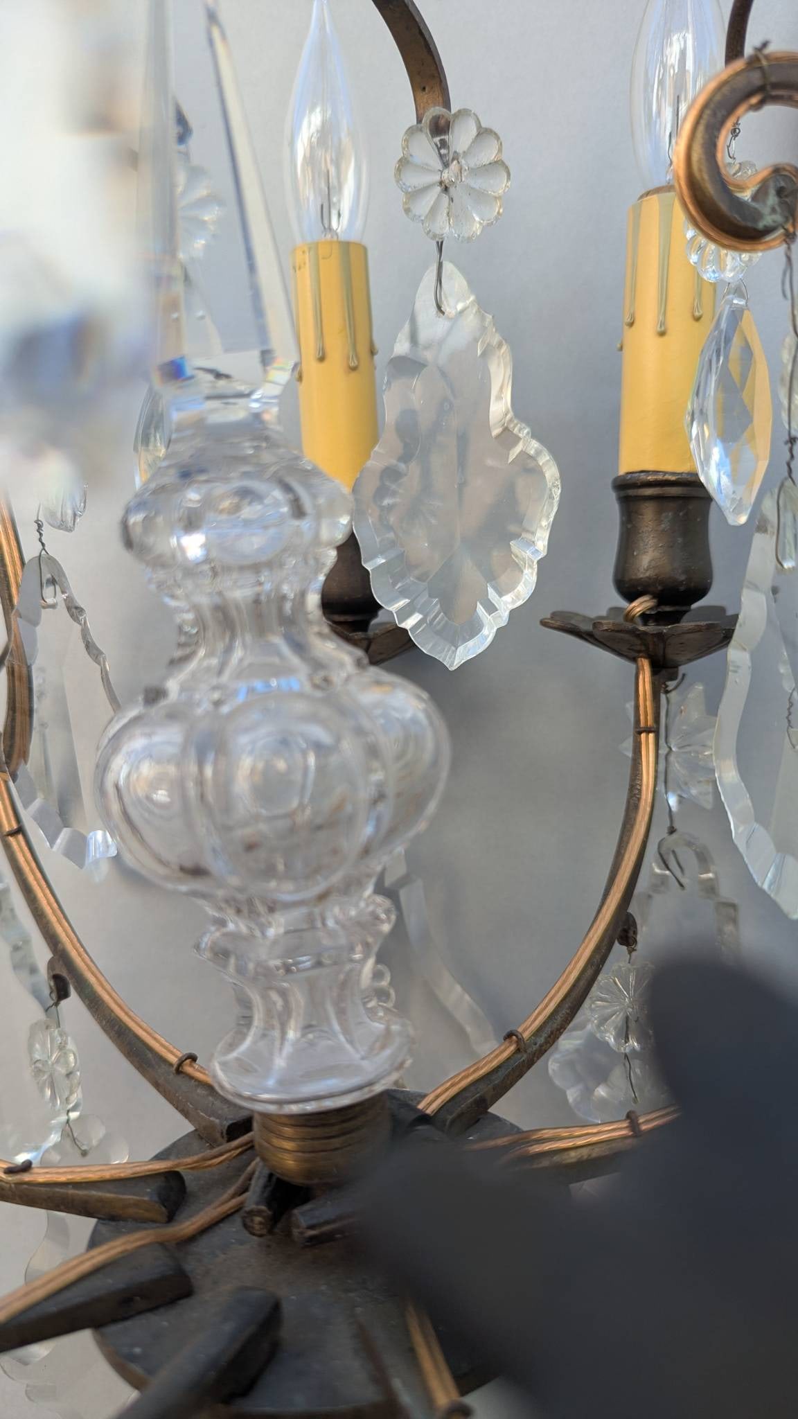 French Gilded Chandelier with Crystal Pendants and Candle-style Bulbs - 8