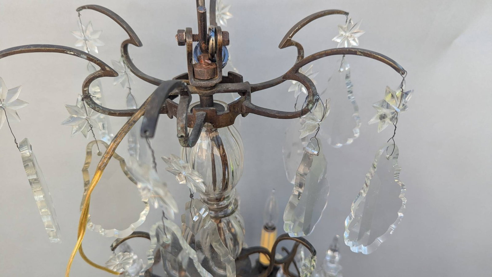 French Gilded Chandelier with Crystal Pendants and Candle-style Bulbs - 9