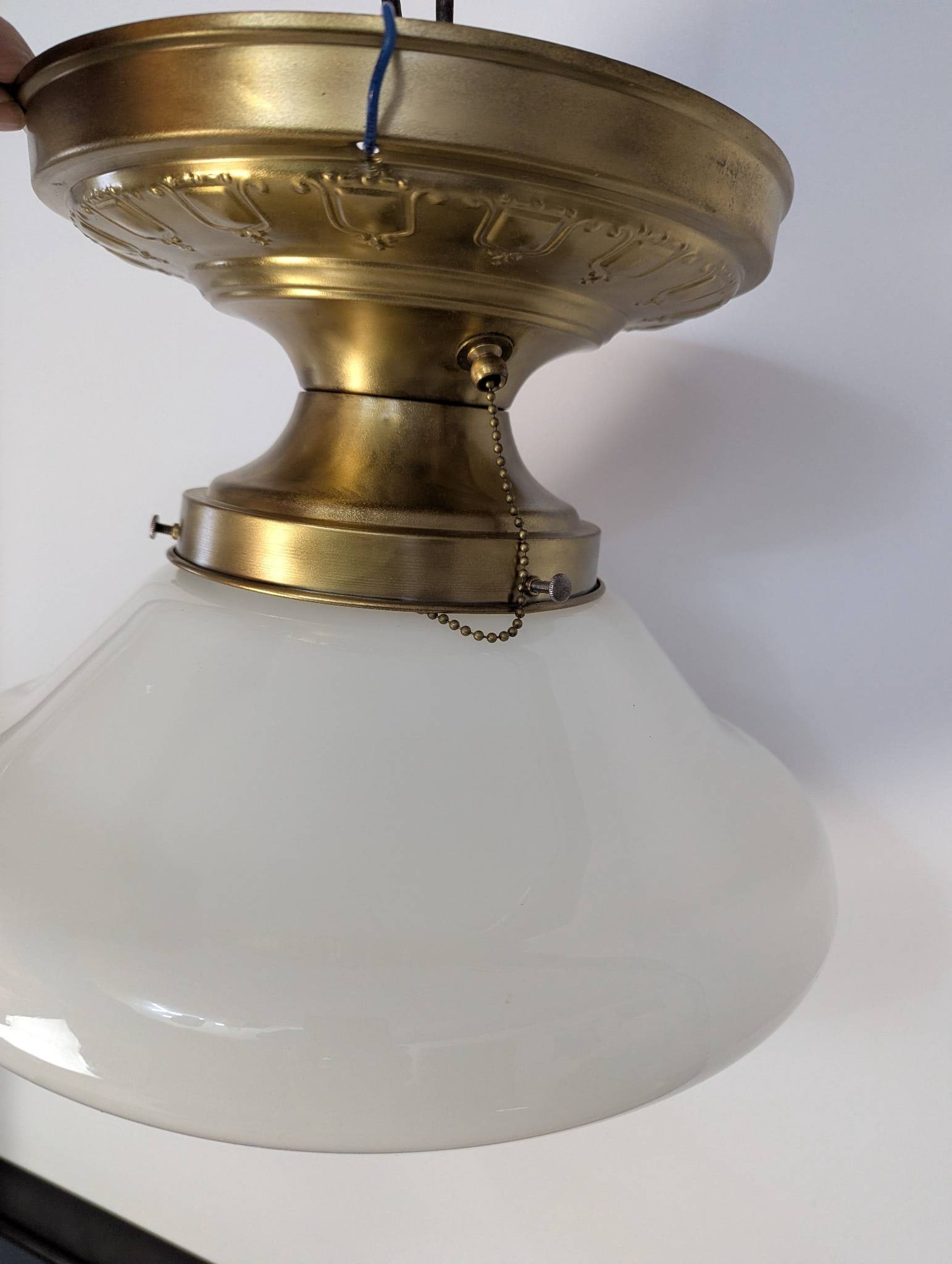 Vintage Brass Schoolhouse Flush Mount Ceiling Light With Milk Glass Shade - 5