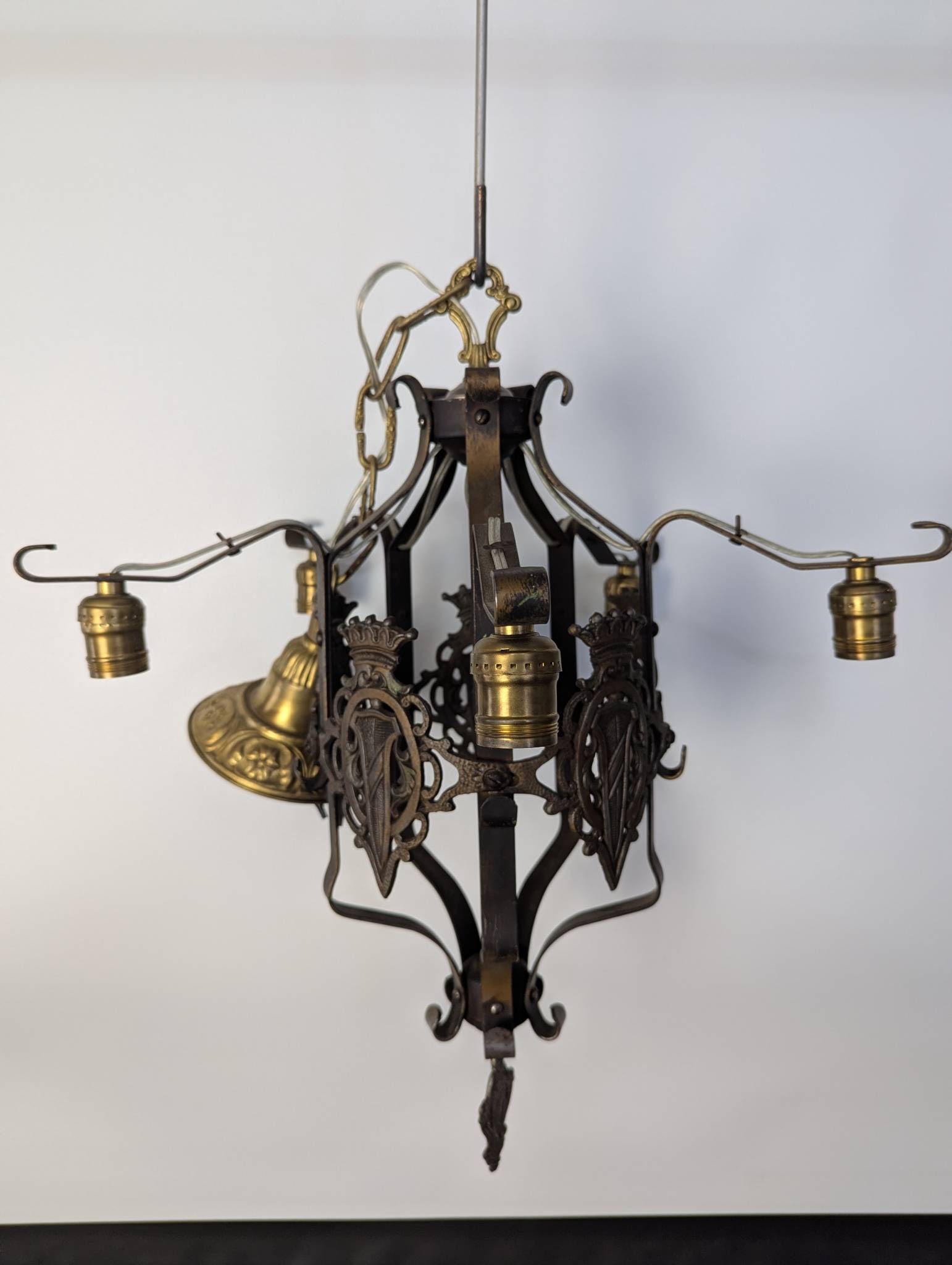 Vintage Spanish Revival Wrought Iron Chandelier with Heraldic Motif (1 of 8)