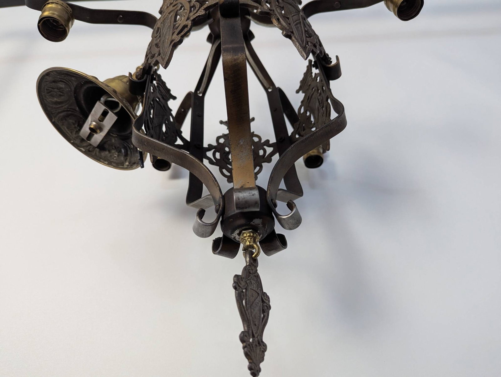 Vintage Spanish Revival Wrought Iron Chandelier with Heraldic Motif - 7