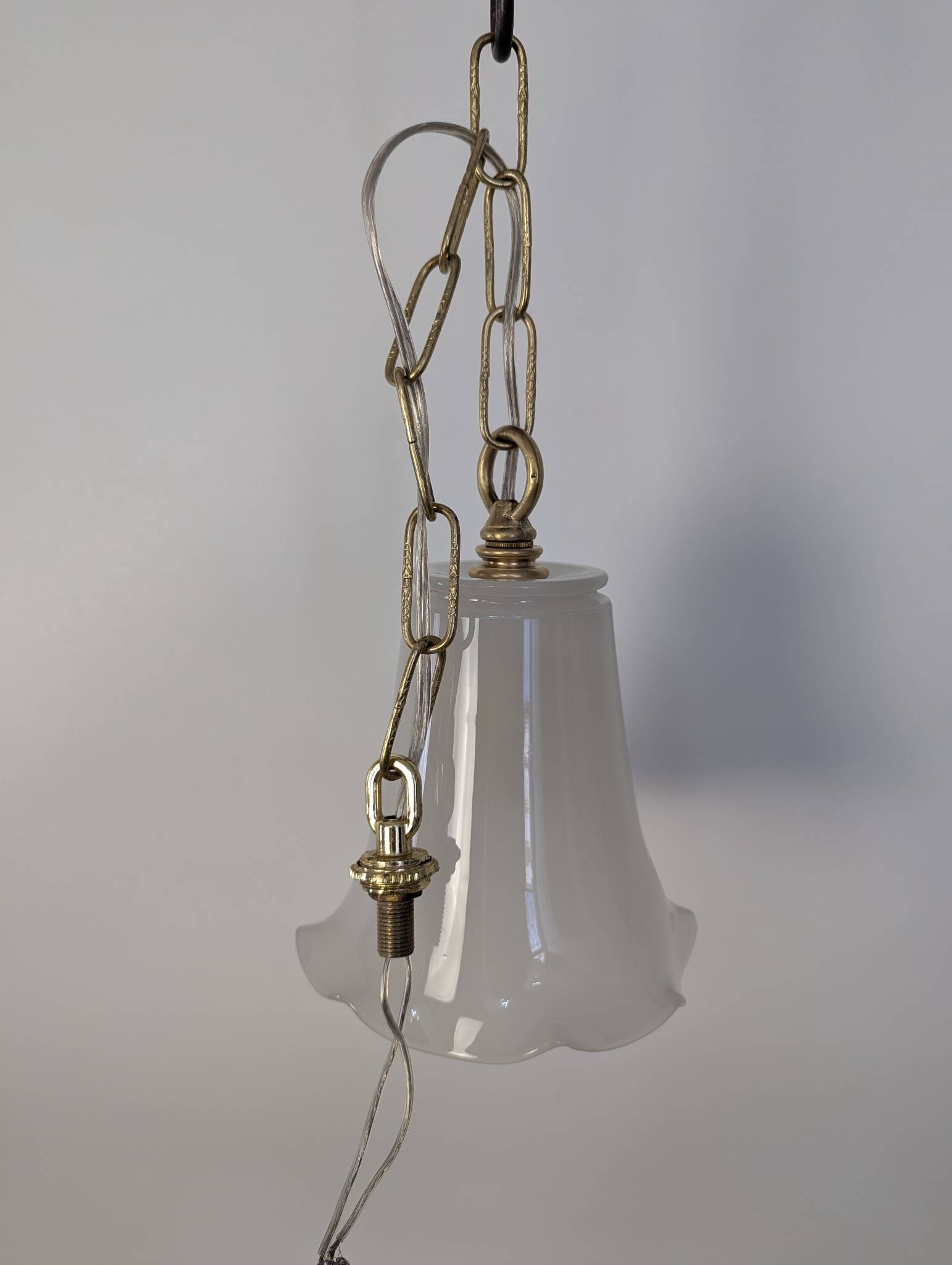 Antique Brass Pendant Light with Hand-Blown Opaline Glass Shade (1 of 4)
