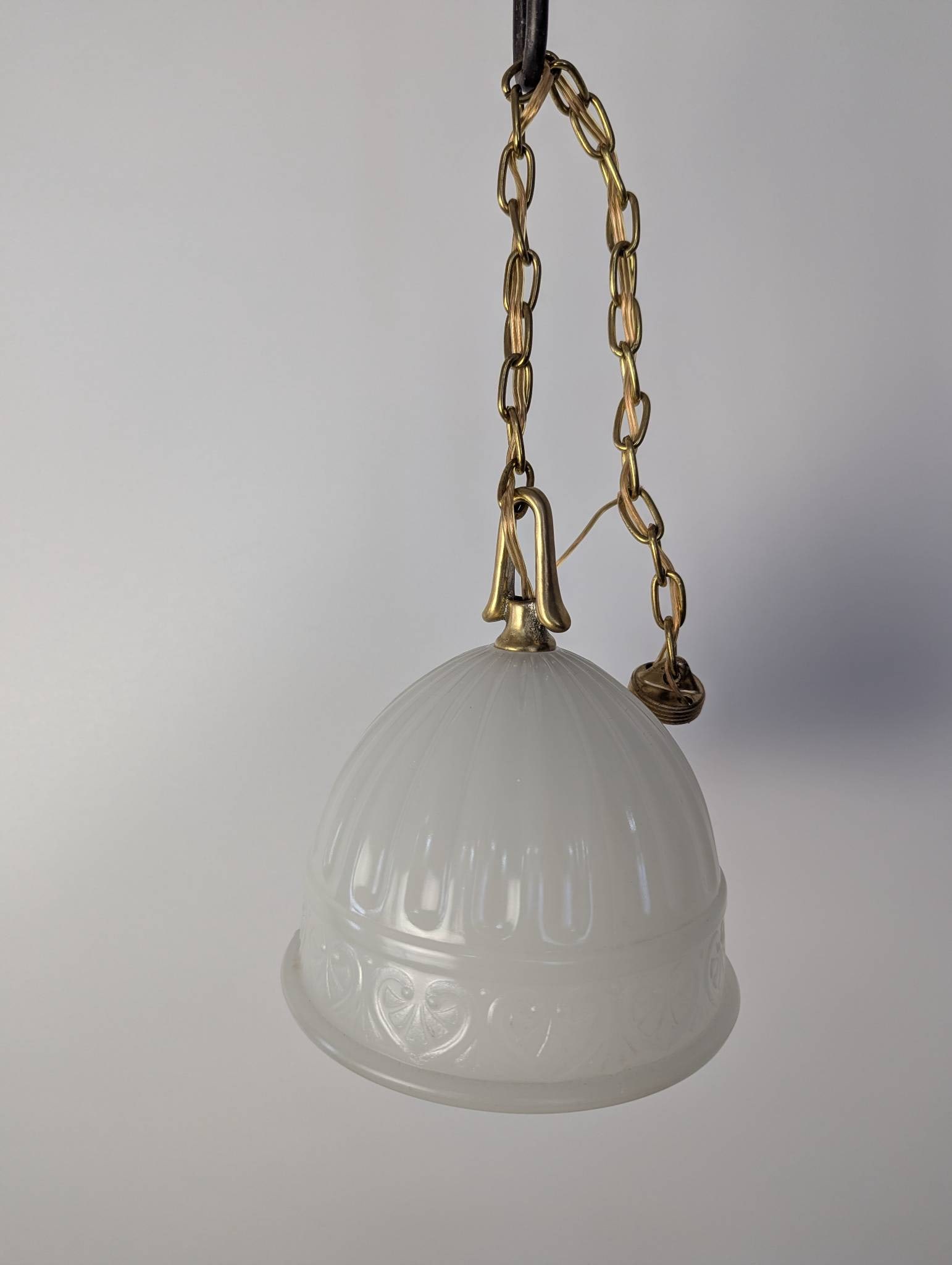 Antique Brass Pendant Light Fixture with Hand-Blown Opaline Glass Shade: **Important** Please read below description on how to avoid high shipping costs. An antique brass pendant light fixture featuring a hand-blown opaline glass shade. The shade measures 6 1/4 inches high