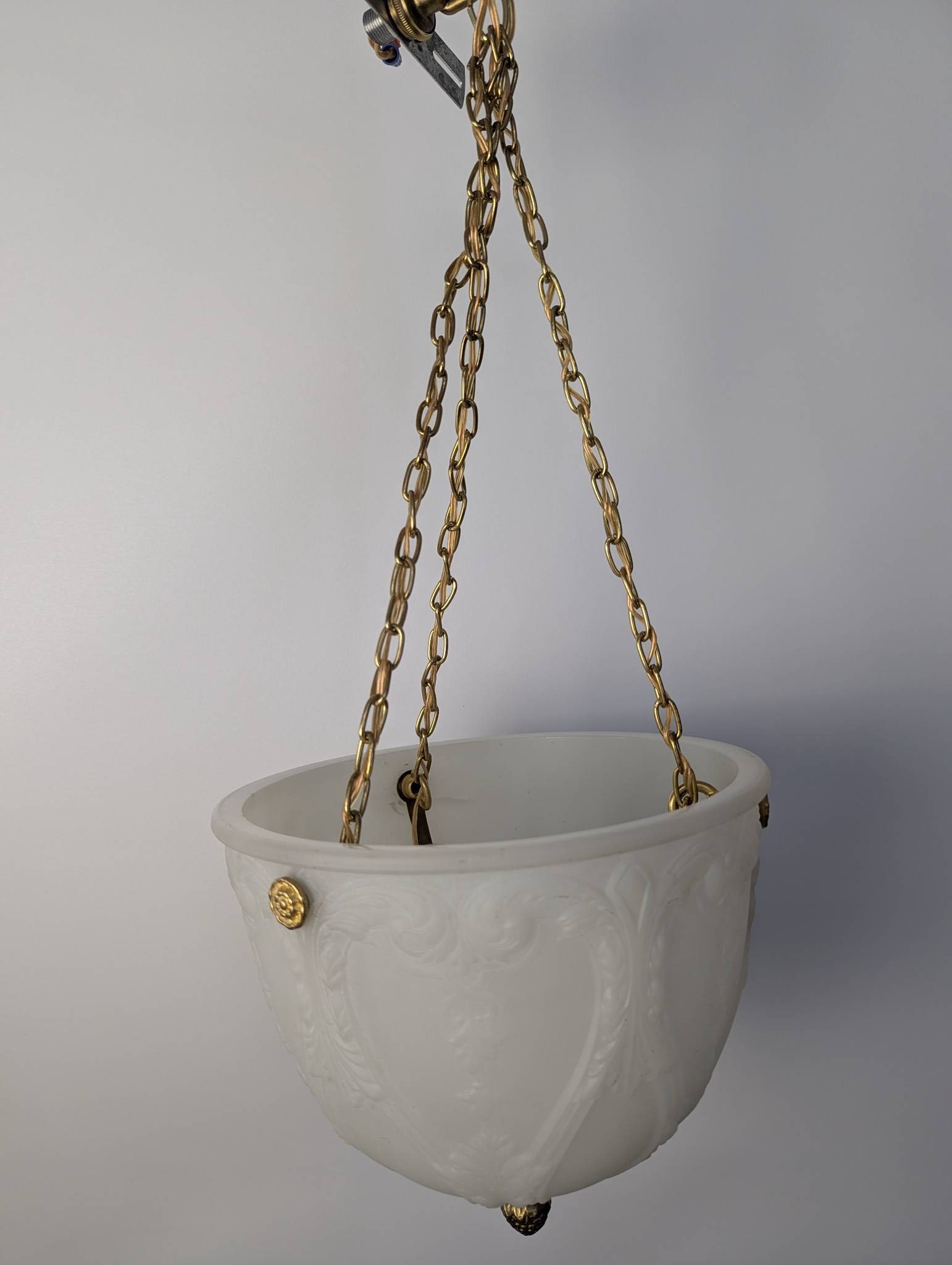Vintage White Milk Glass Pendant Light with Brass Chain Suspension: **Important** Please read below description on how to avoid high shipping costs. Antique white milk glass inverted dome pendant light featuring ornate fluted and floral garland details on the glass