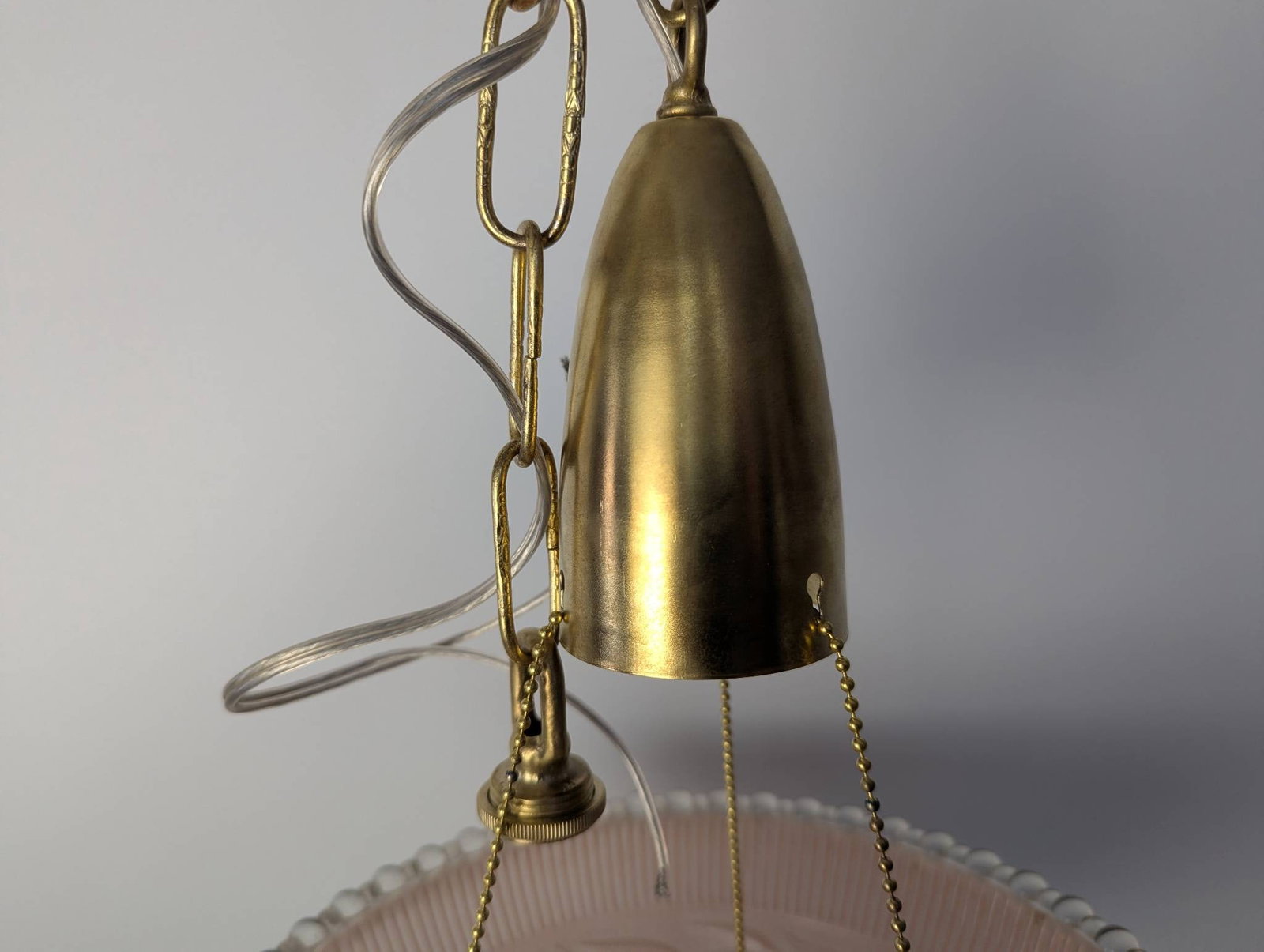 Pink Ribbed Glass Pendant Light with Brass Hardware - 4