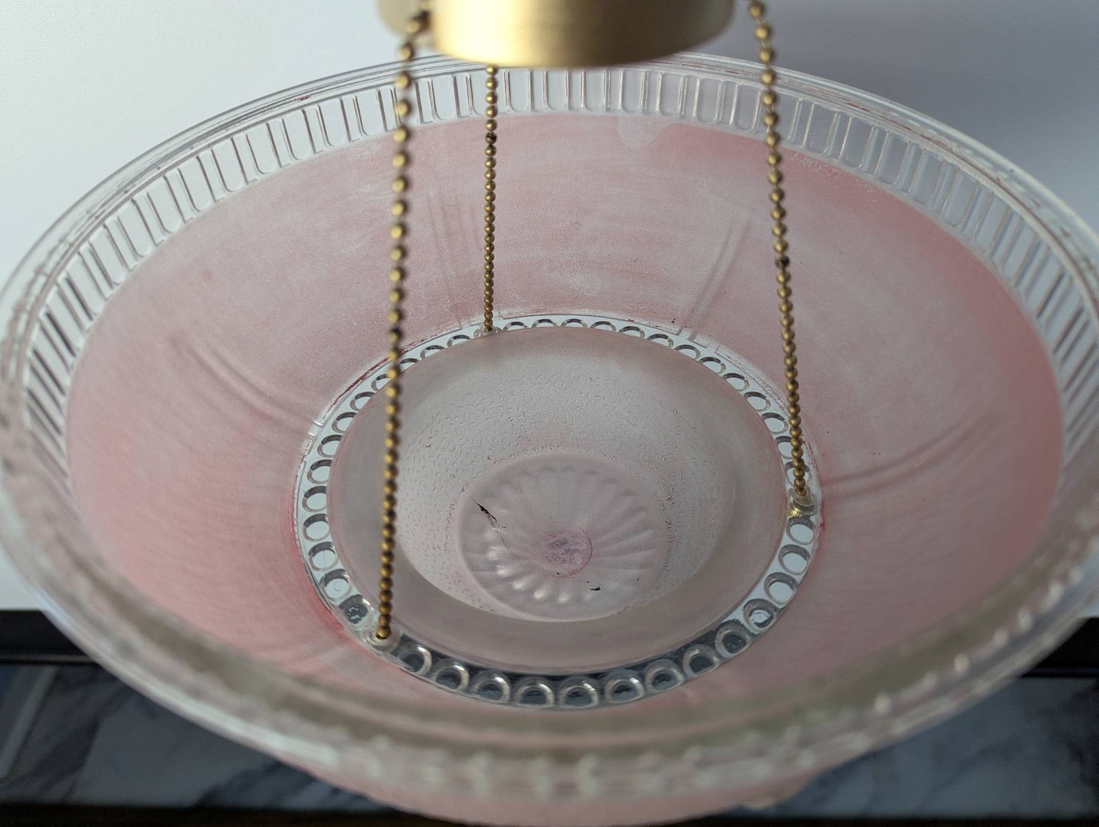 Vintage Art Deco Style Brass and Pink Glass Bowl Pendant Light Fixture - 4