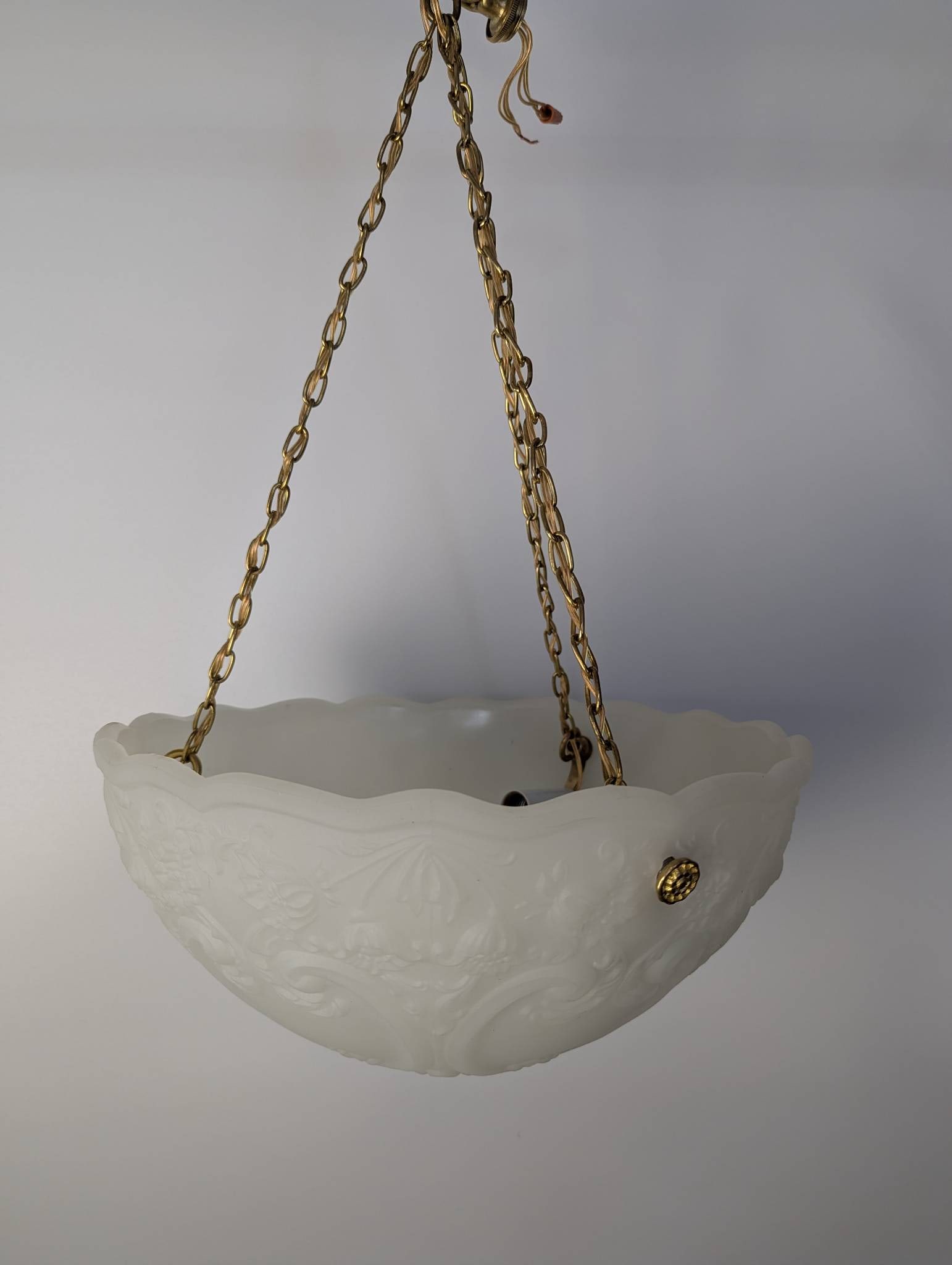 Vintage Inverted Dome Pendant Light with Frosted Embossed Glass Bowl and Brass Chains: **Important** Please read below description on how to avoid high shipping costs. A vintage inverted dome pendant light featuring a frosted or opalescent glass bowl with intricate embossed floral or