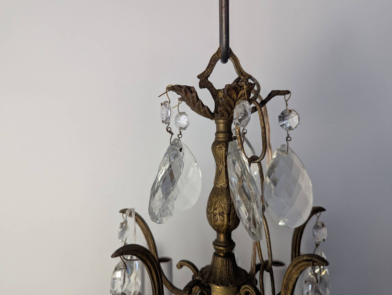 French Louis XV-style Brass and Crystal Six-Arm Chandelier with Patina - 2